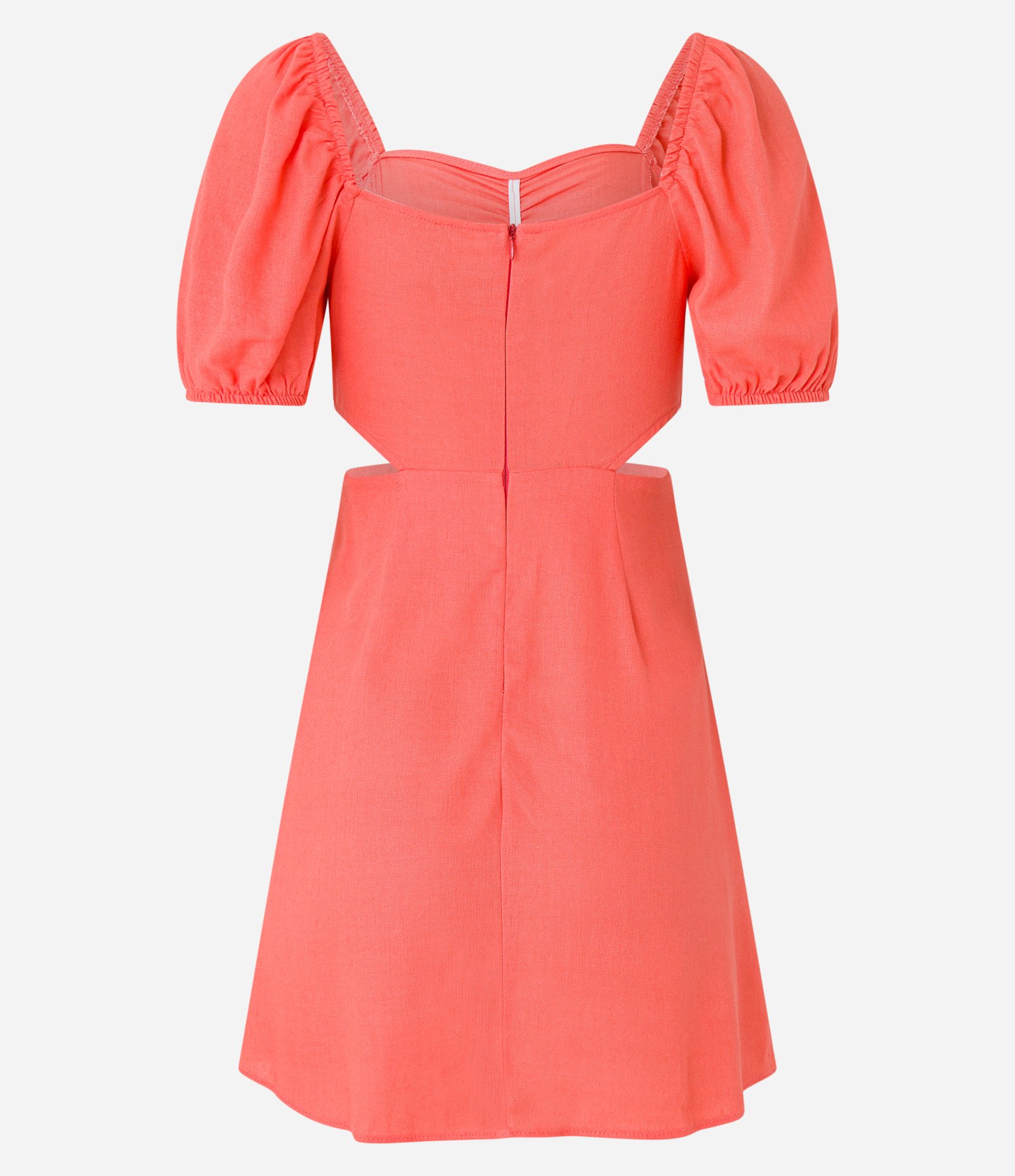 Vestido Curto em Linho com Manga Bufante e Recorte Vazado na Lateral Laranja Coral 6