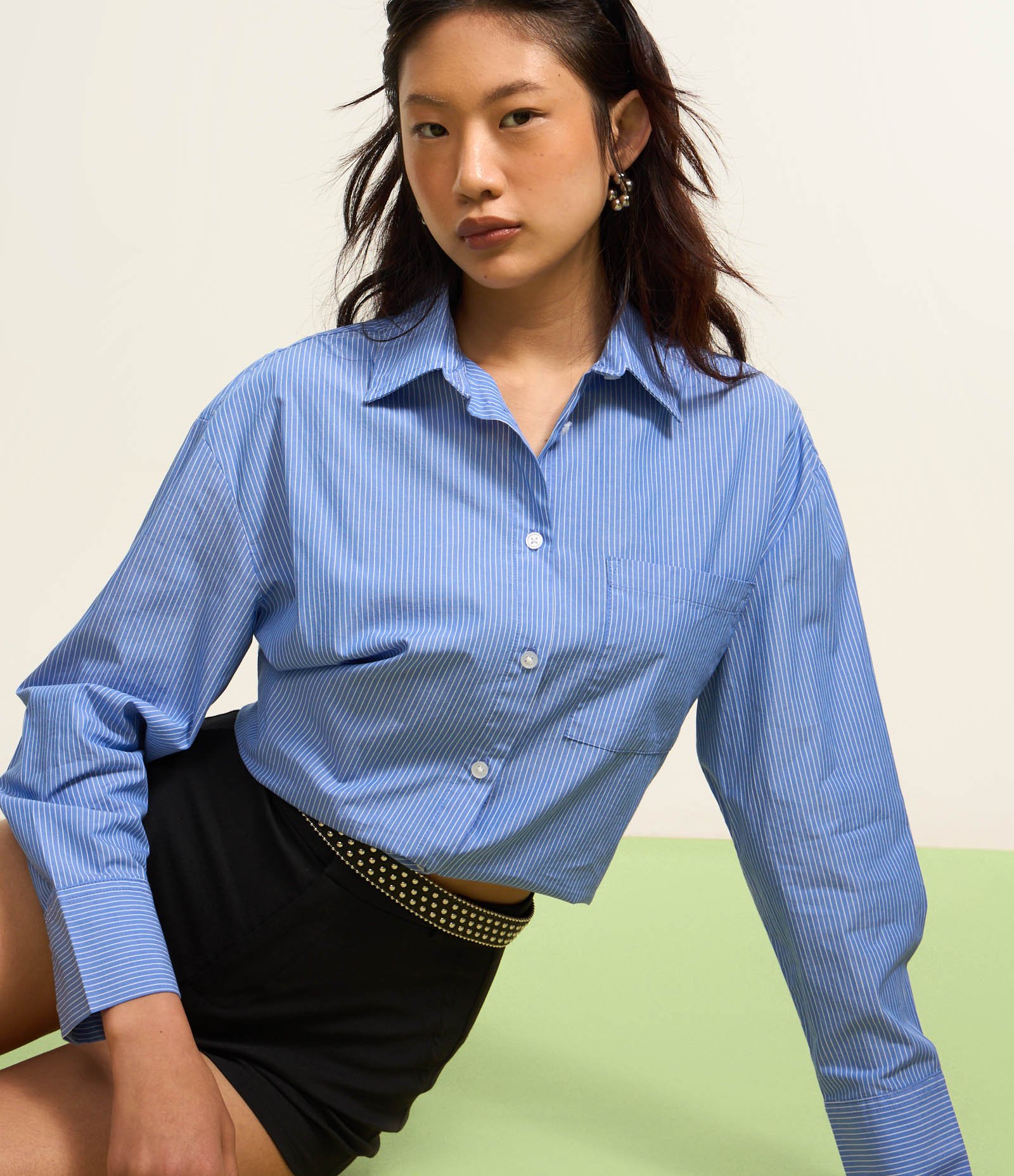 Camisa Alongada em Tricoline com Listras Azul 4