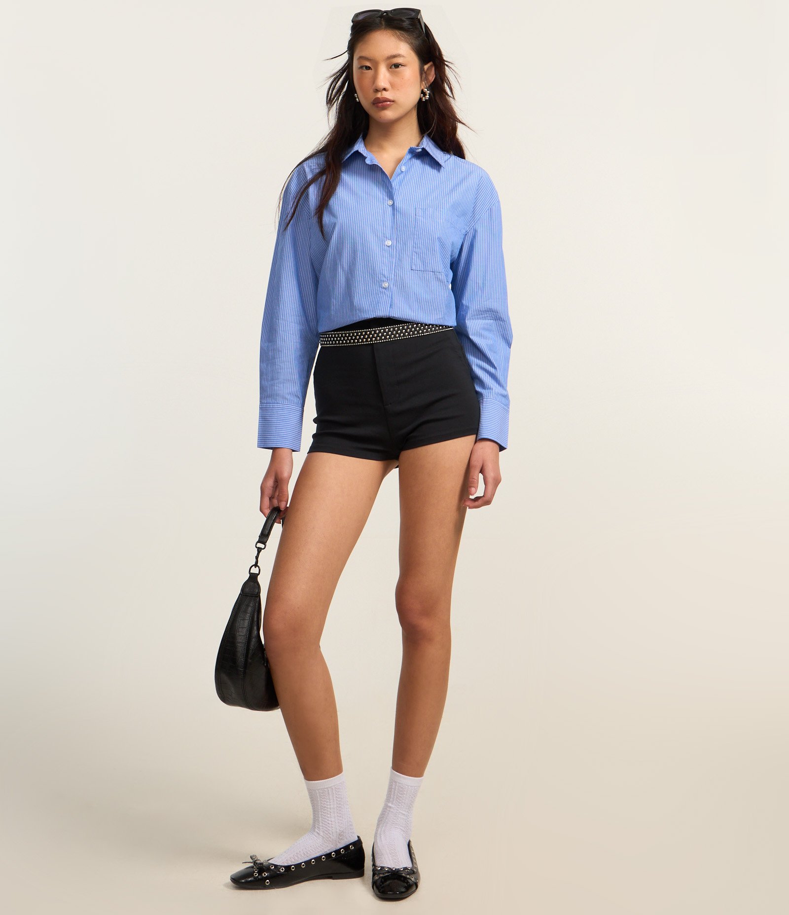 Camisa Alongada em Tricoline com Listras Azul 2