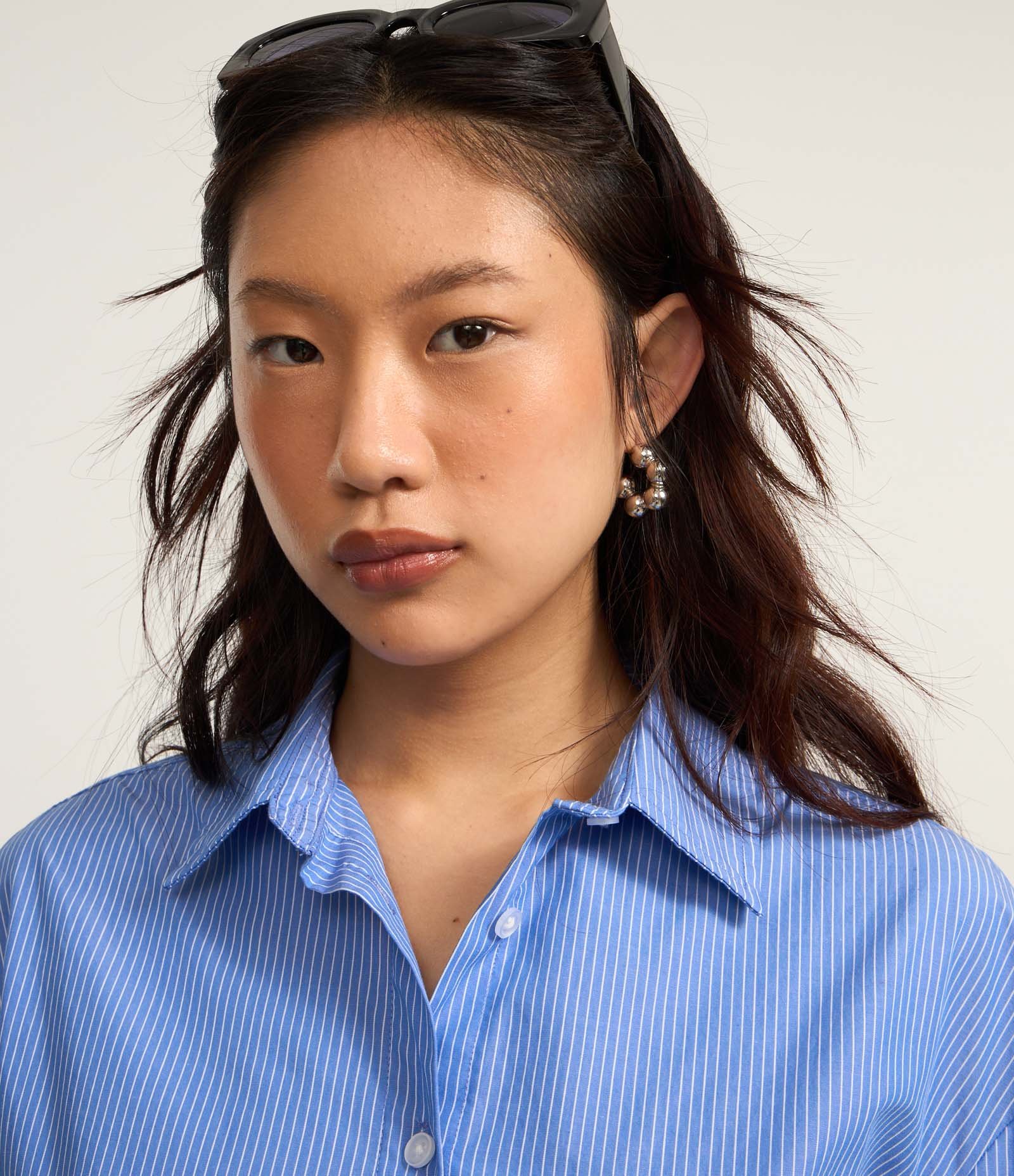 Camisa Alongada em Tricoline com Listras Azul 3