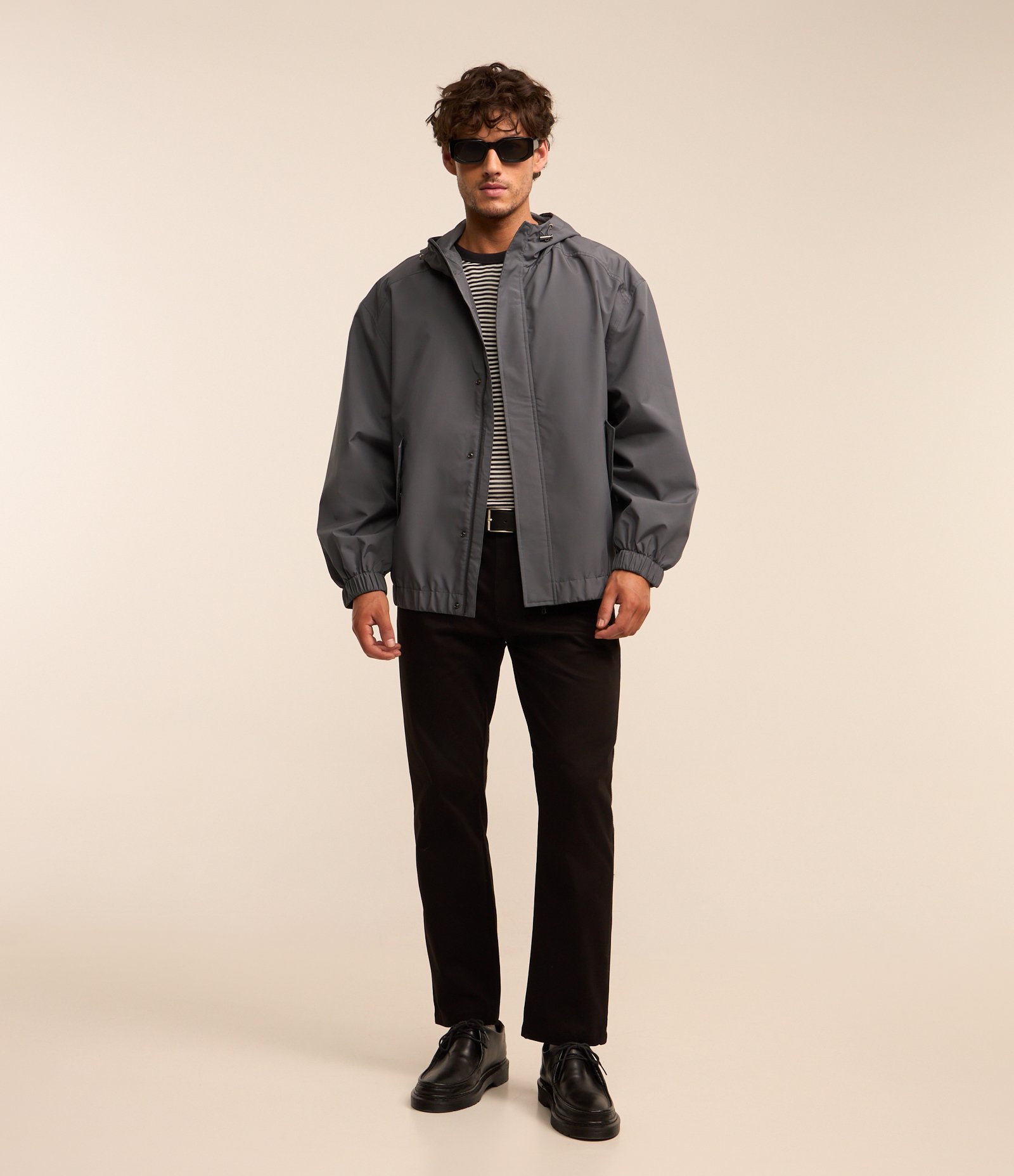 Jaqueta Gola Alta com Capuz e Bolsos com Botões Azul Acinzentado 2