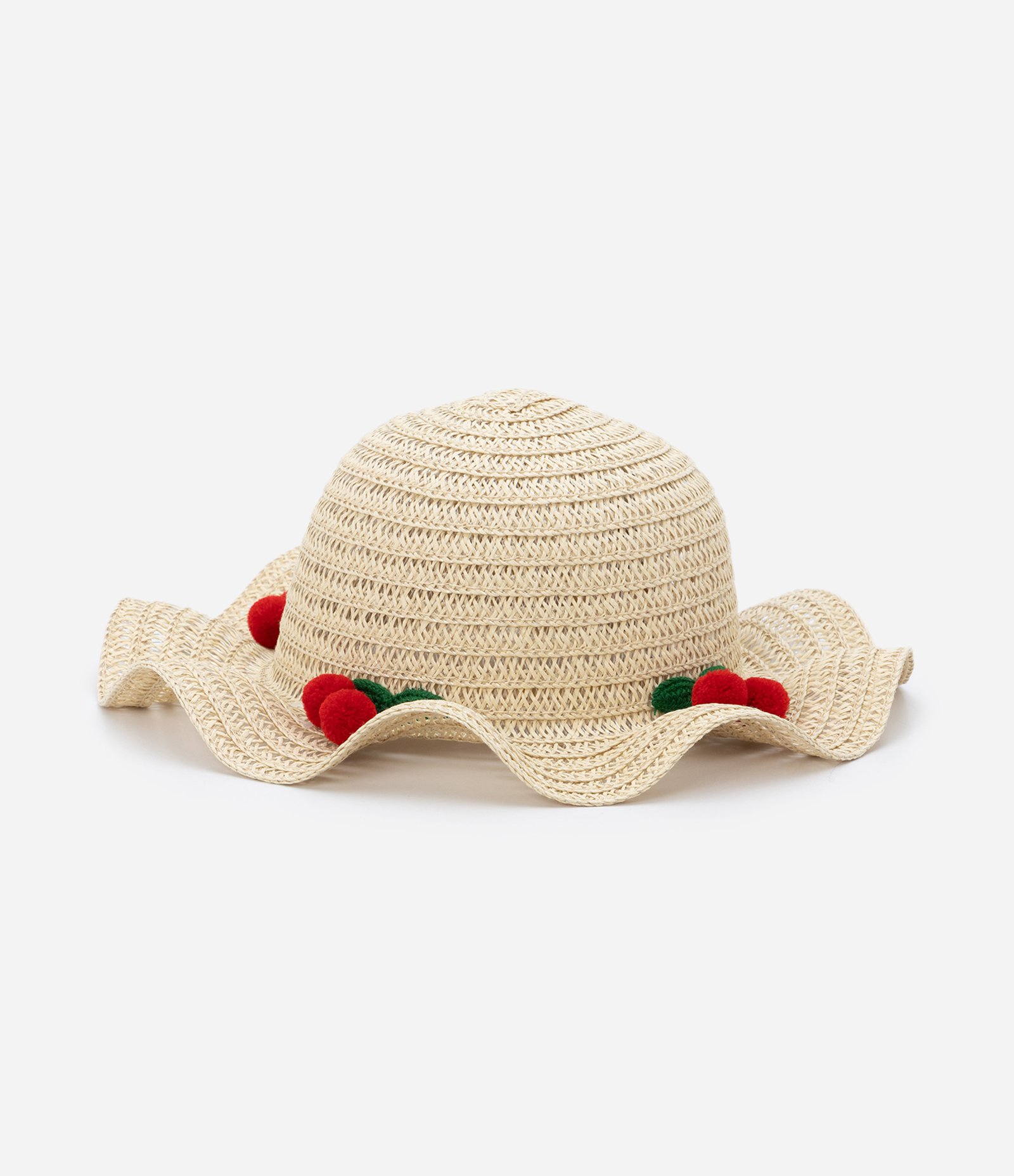 Chapéu de Palha Infantil com Bordado de Cerejinhas - Tam U Bege 1