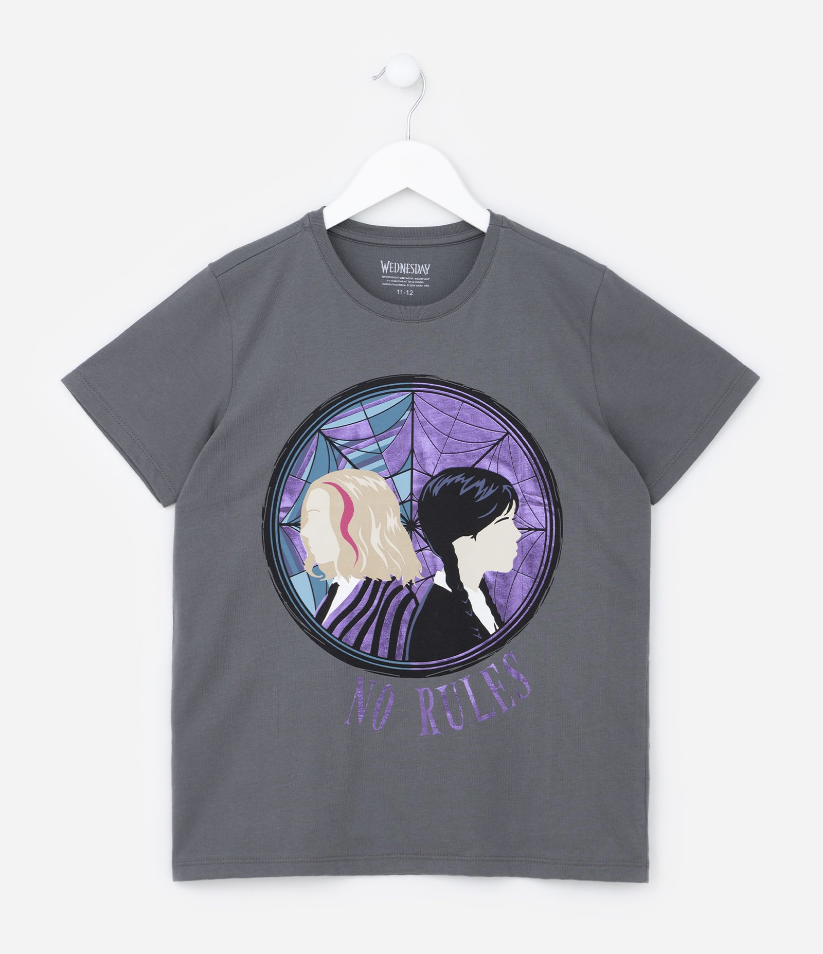 Camiseta Infantil em Algodão Estampa Wandinha e Amiga - Tam 7 a 14 anos Cinza 1