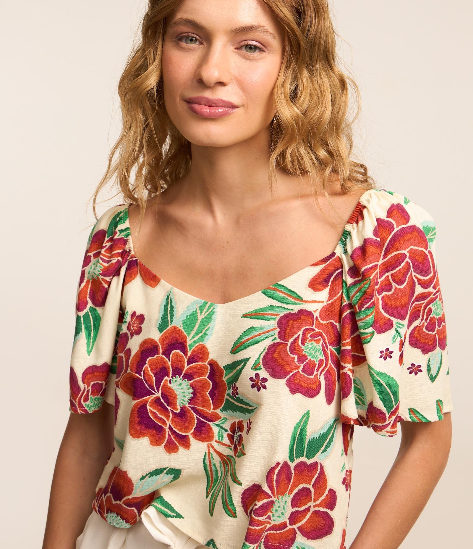 Blusa em Viscose e Linho com Manga Ampla e Estampa Floral Off White 3