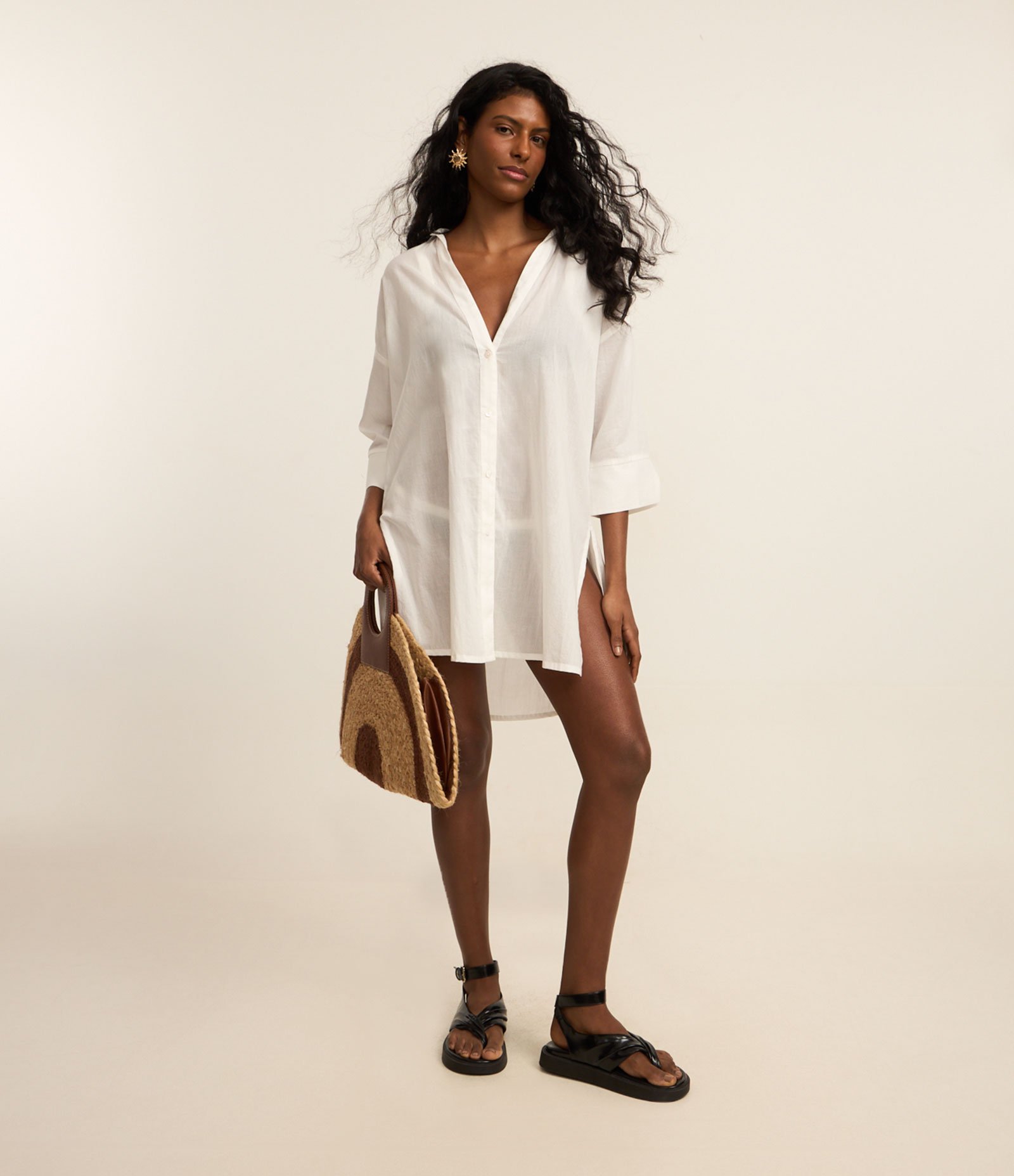 Saída de Praia Camisa em Voal com Mangas 3/4 Off White 1