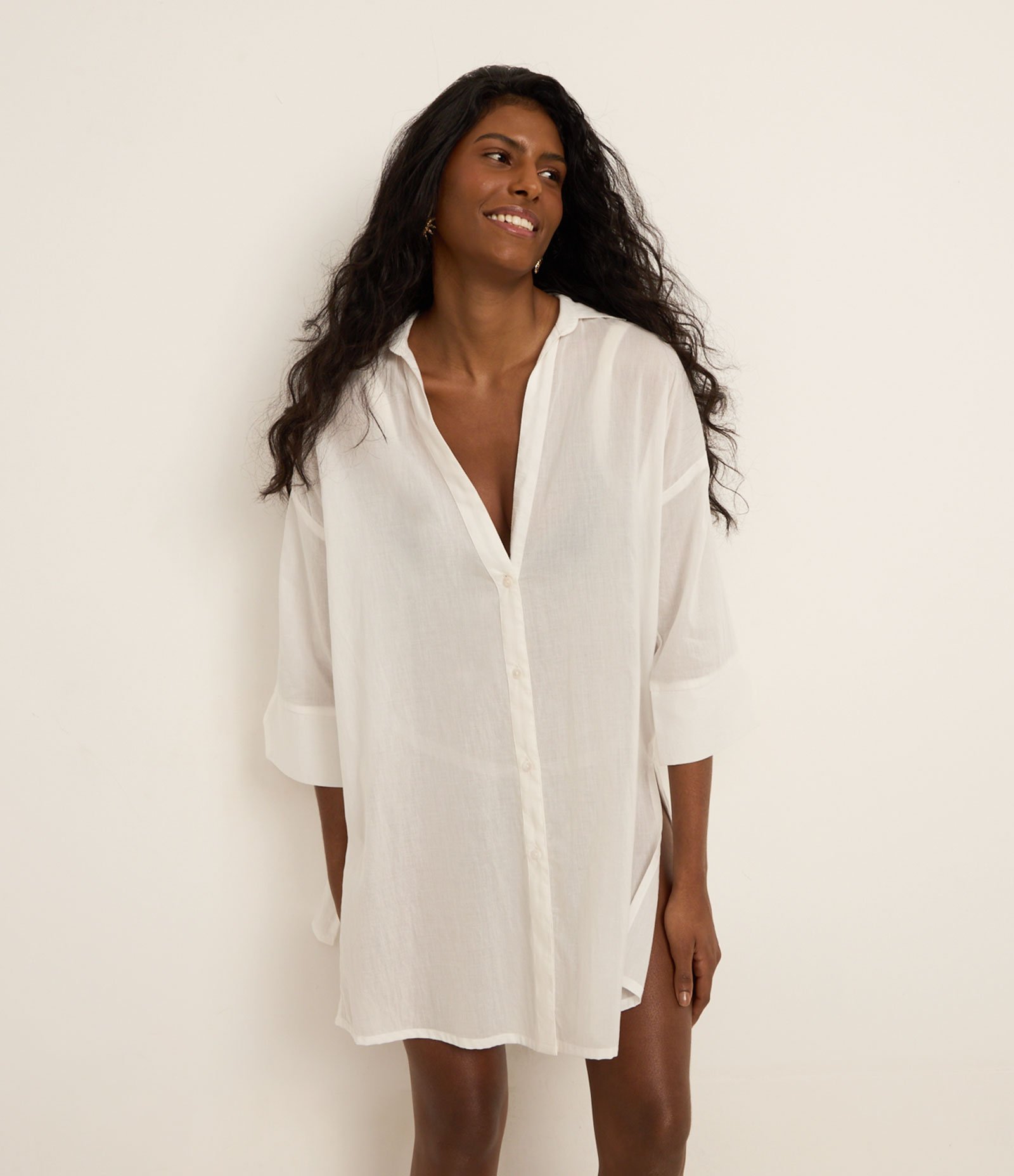 Saída de Praia Camisa em Voal com Mangas 3/4 Off White 2