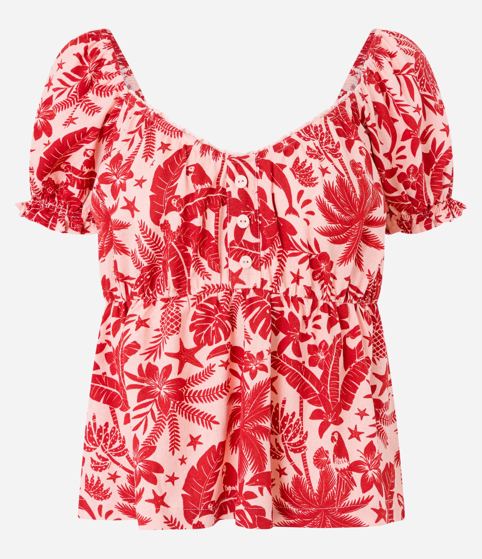 Blusa Ombro a Ombro em Viscolinho com Estampa Tropical Laranja 5