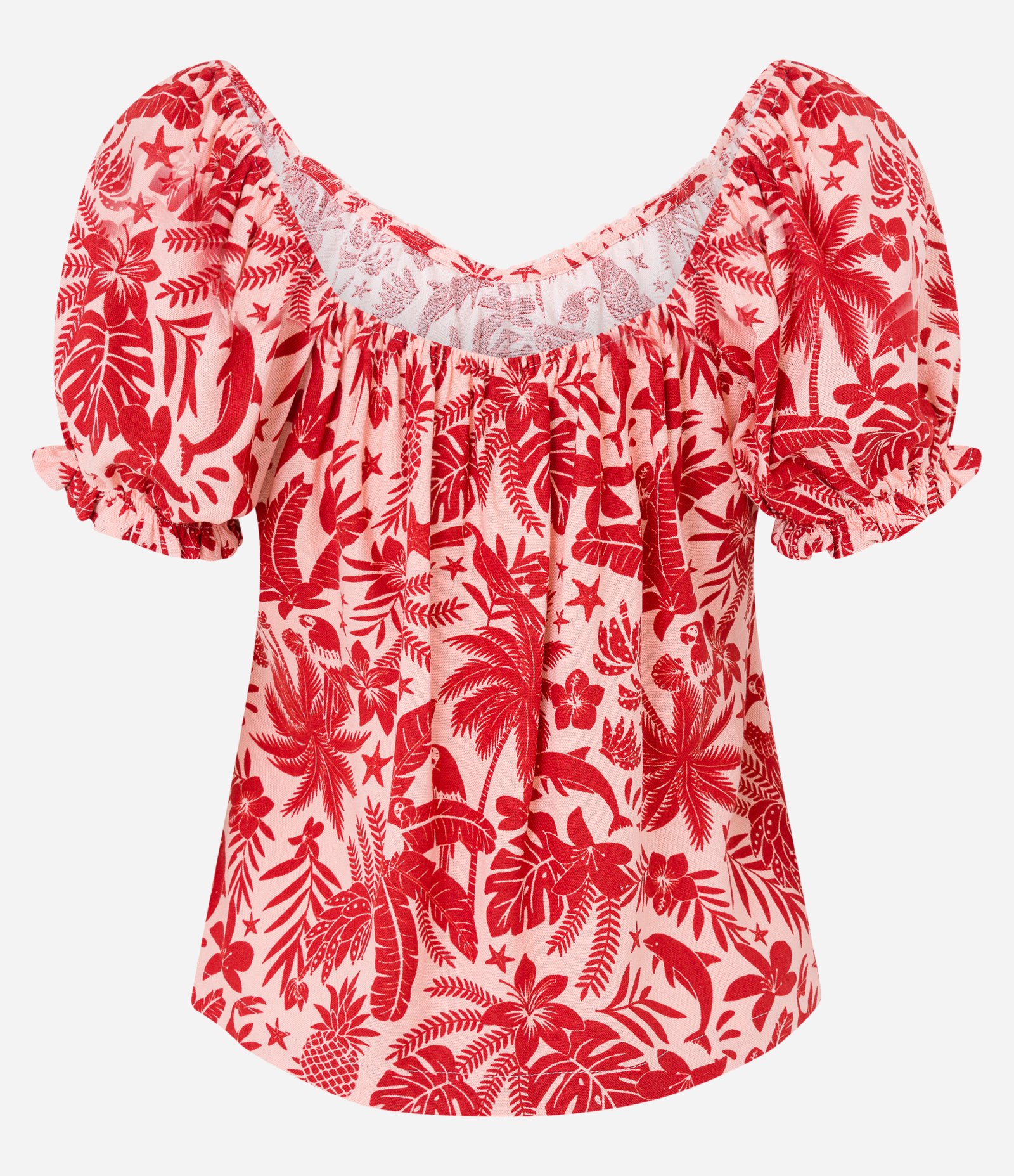 Blusa Ombro a Ombro em Viscolinho com Estampa Tropical Laranja 6