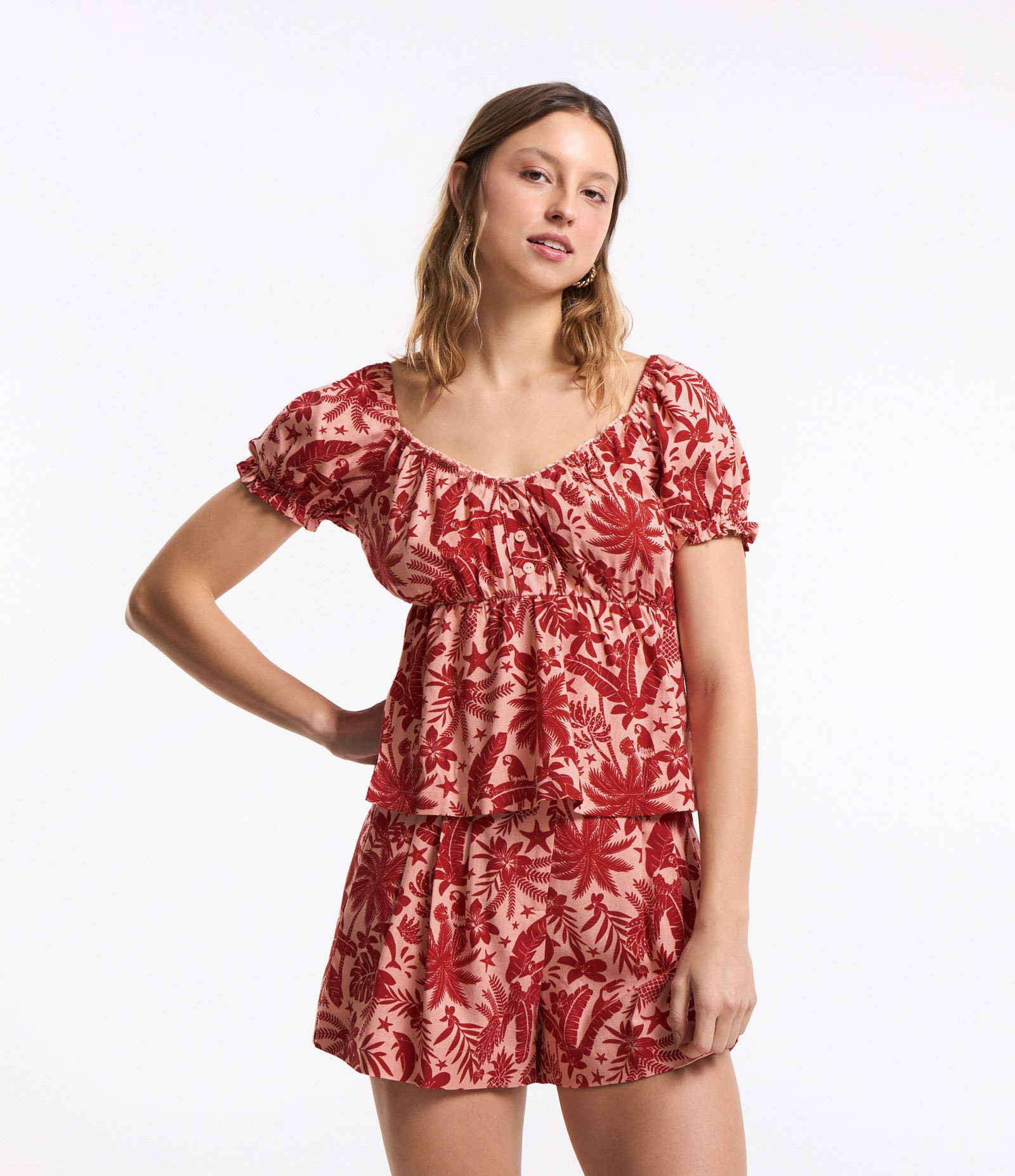 Blusa Ombro a Ombro em Viscolinho com Estampa Tropical Laranja 1