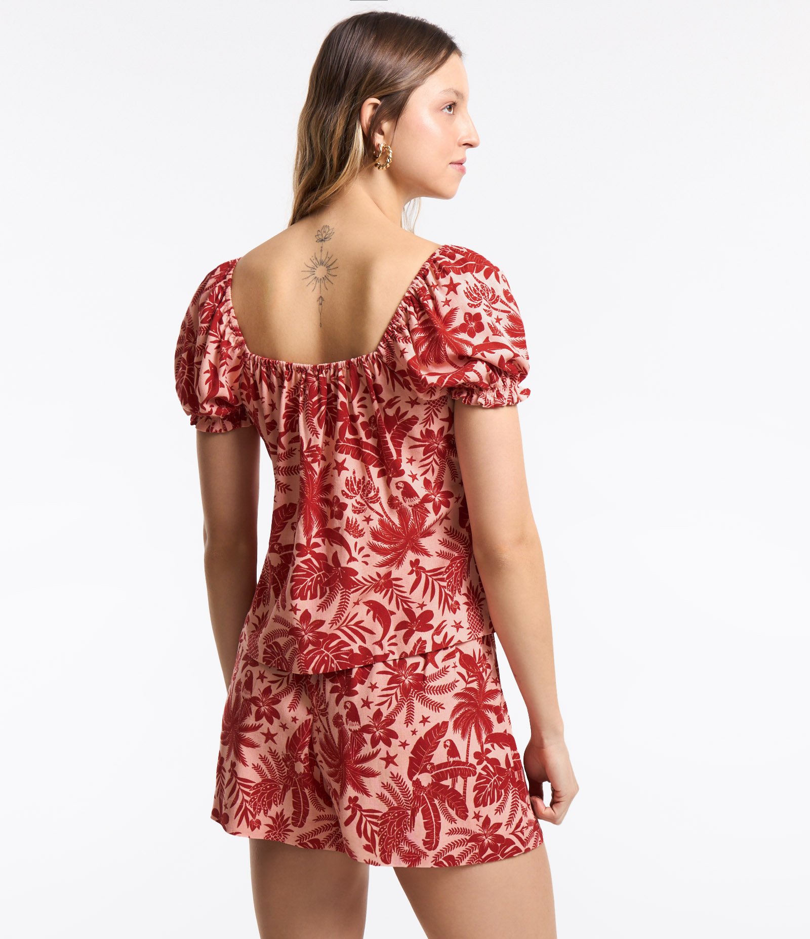 Blusa Ombro a Ombro em Viscolinho com Estampa Tropical Laranja 3