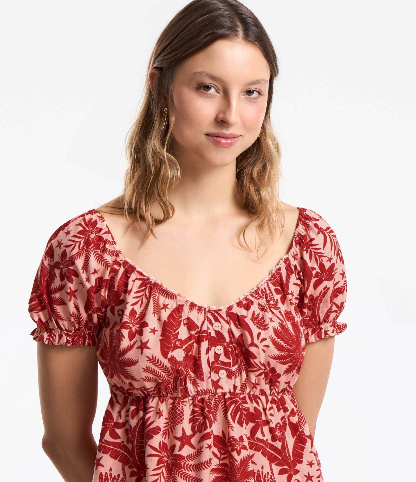 Blusa Ombro a Ombro em Viscolinho com Estampa Tropical Laranja 4