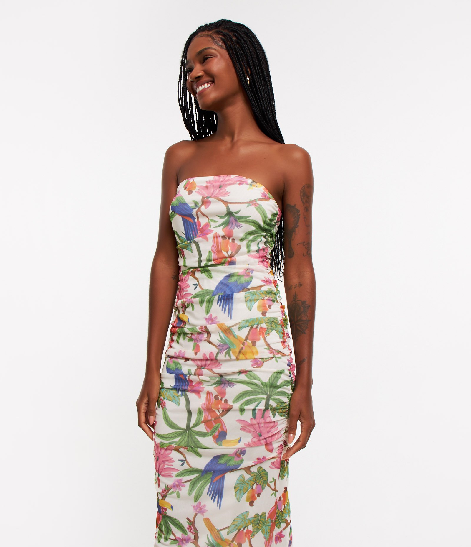 Vestido New Midi em Tule com Decote Tomara que Caia e Estampa Floral Branco 2