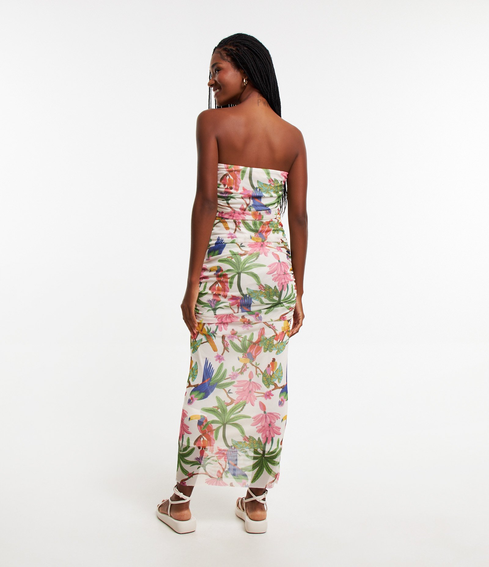 Vestido New Midi em Tule com Decote Tomara que Caia e Estampa Floral Branco 4