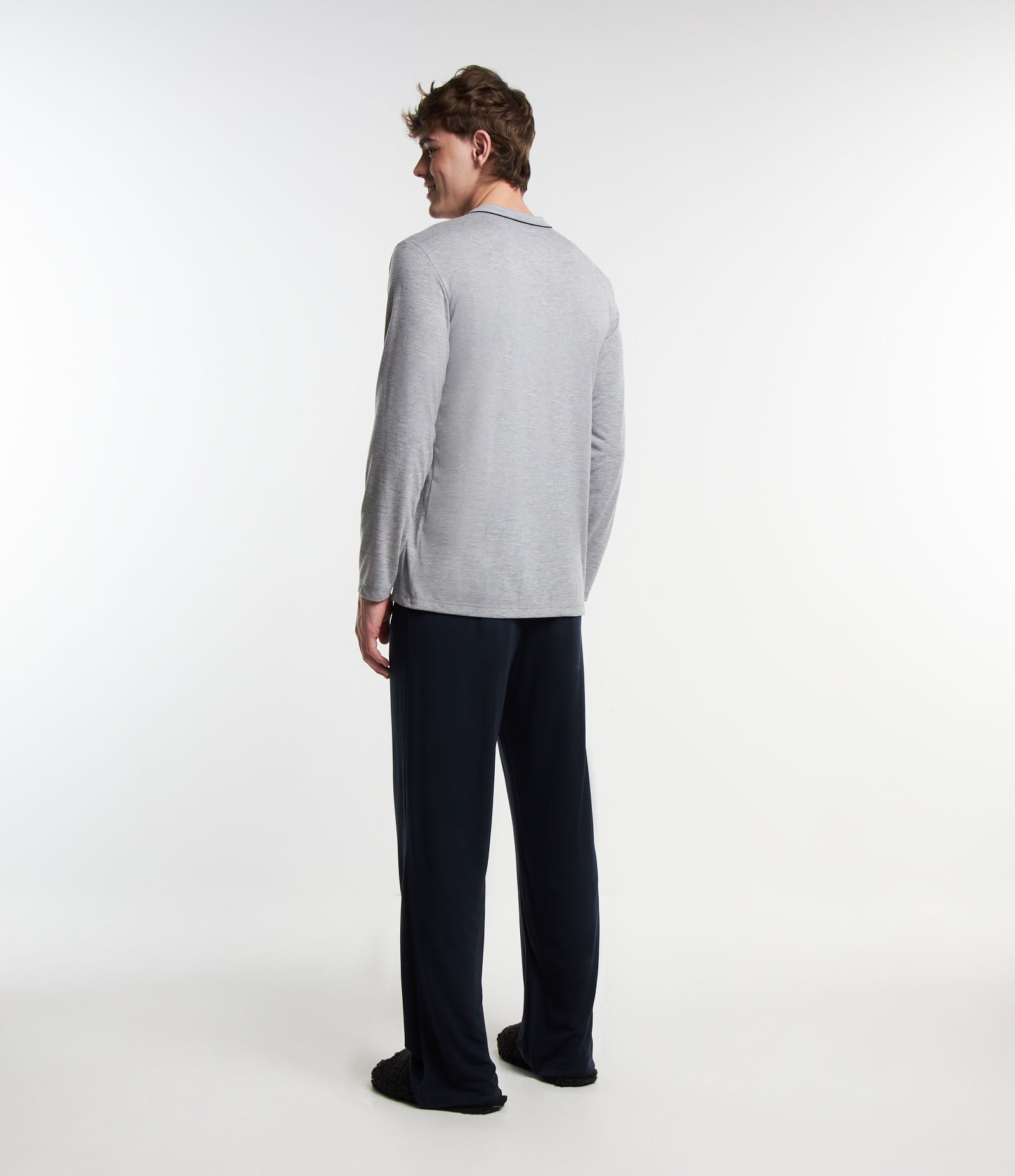 Pijama Longo com Contraste na Vista Cinza/ Azul 2