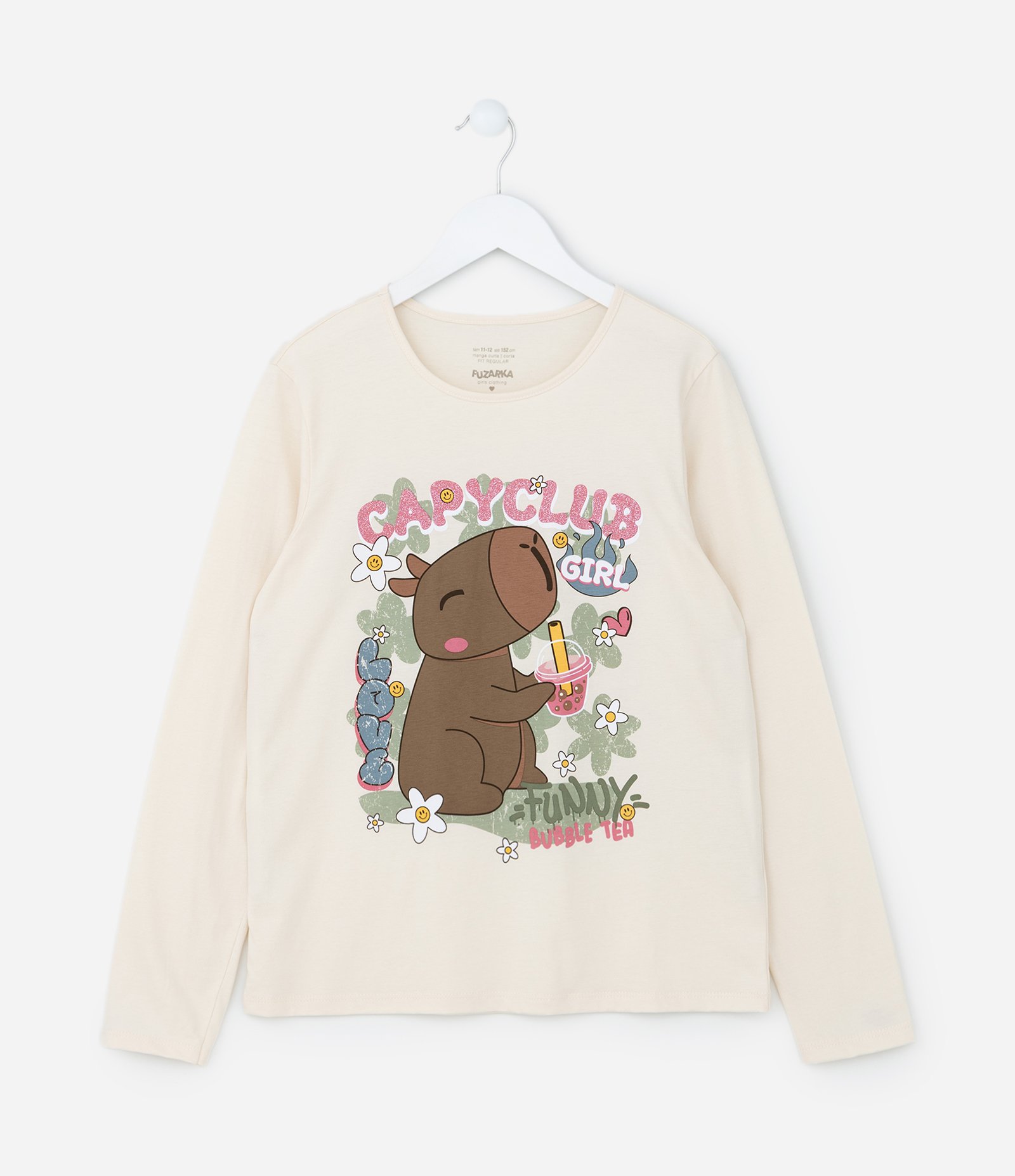 Camiseta Infantil com Estampa de Capivara - Tam 5 a 14 anos Bege 1