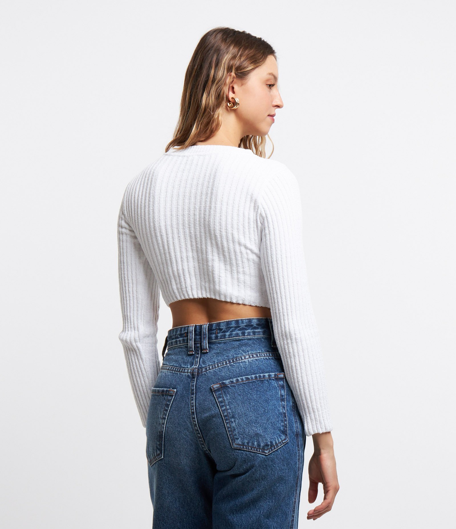 Blusa Cropped em Chenille com Texturas Branco 3
