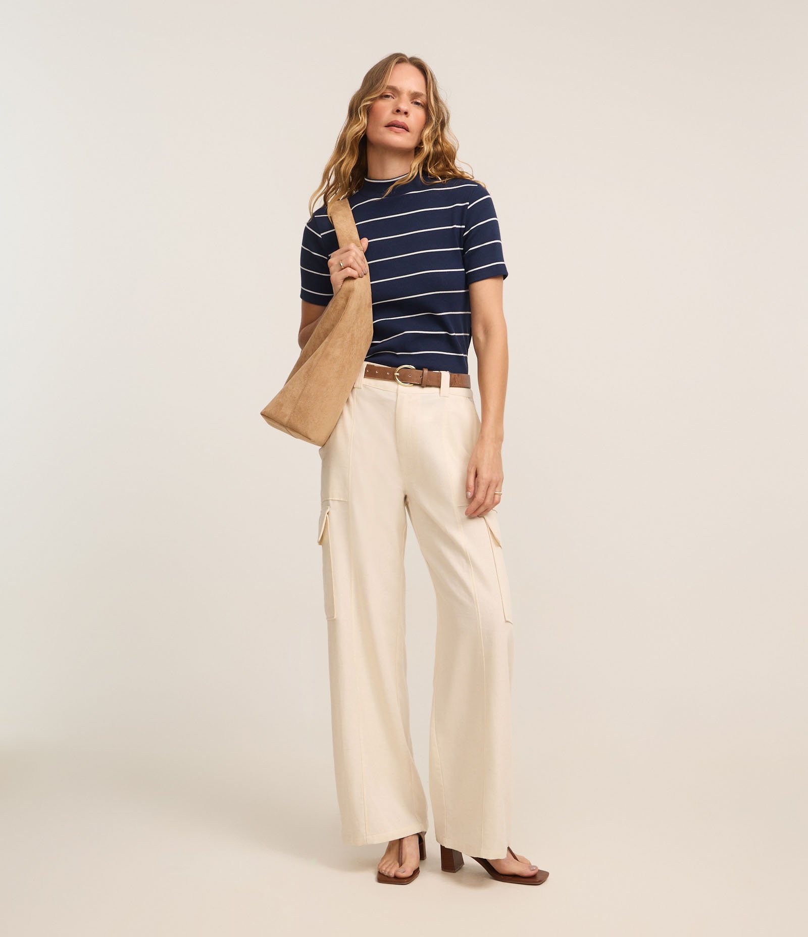 Blusa em Ribana com Golinha Média e Estampa Listrada Azul Marinho 2