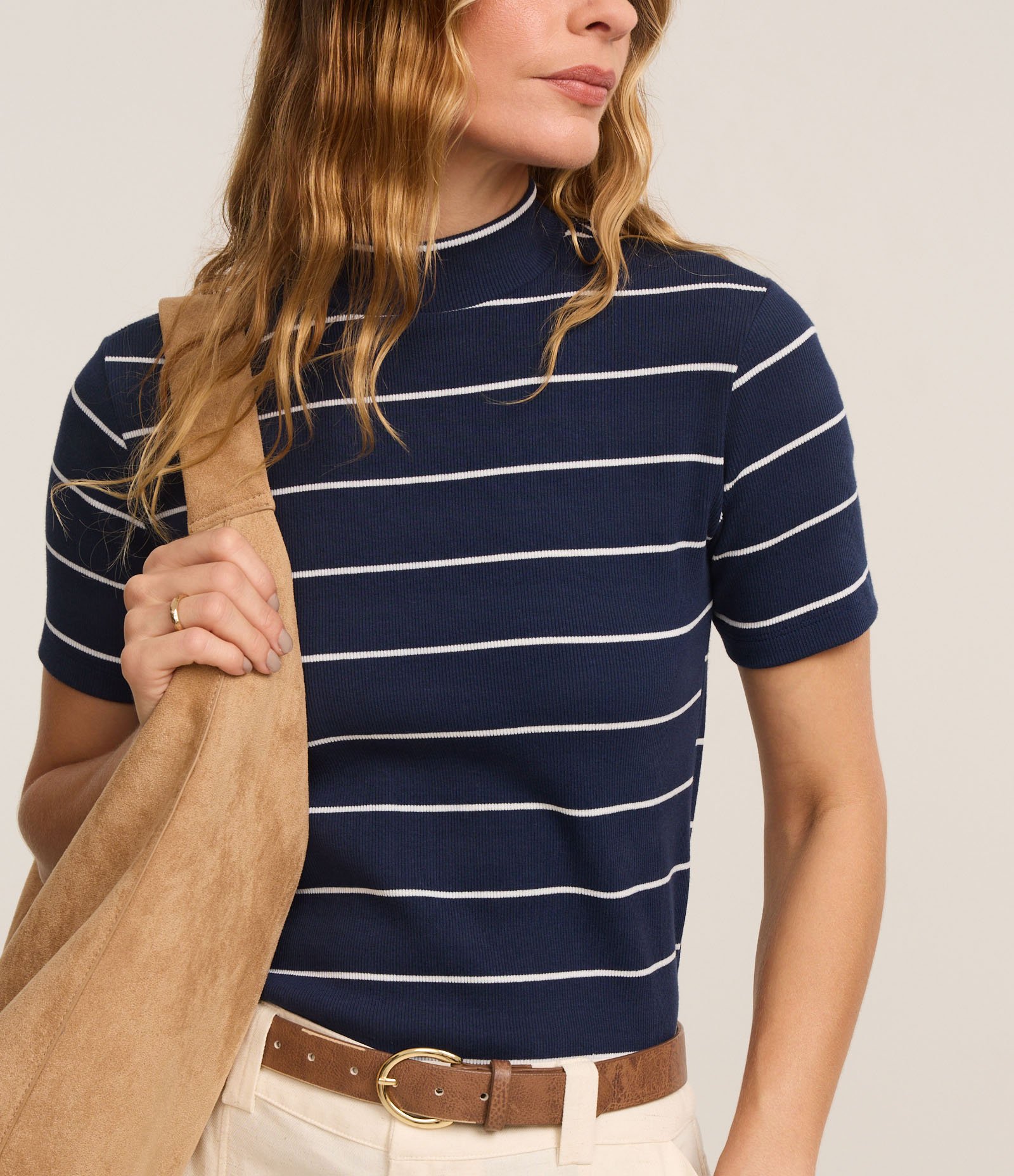 Blusa em Ribana com Golinha Média e Estampa Listrada Azul Marinho 4