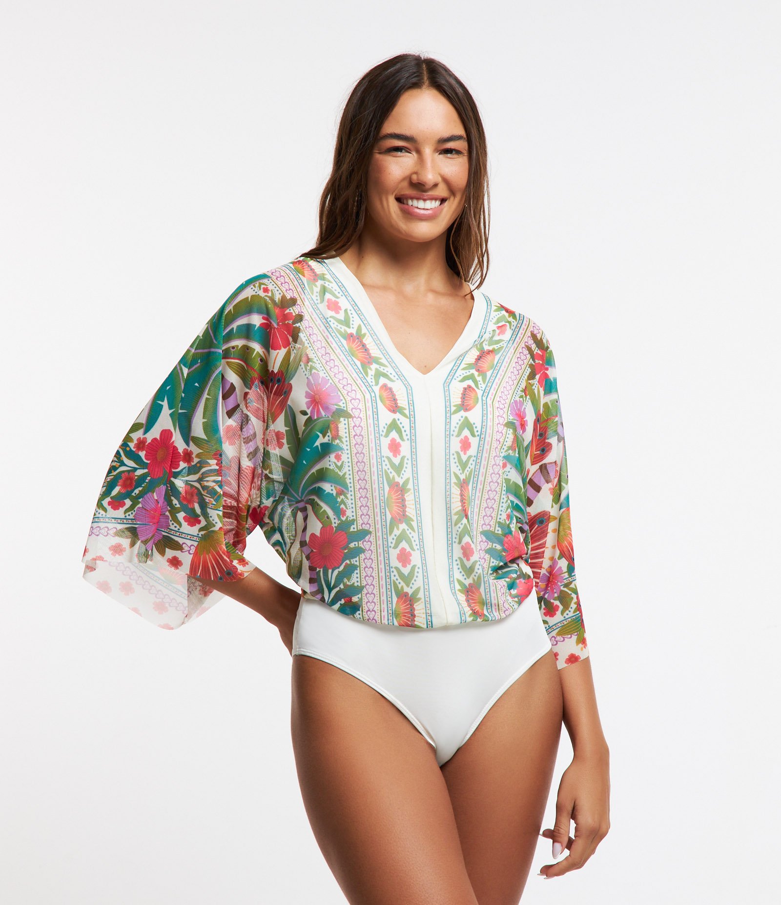 Body Manga Ampla em Tule com Estampa Tropical Étnica Multicores 3