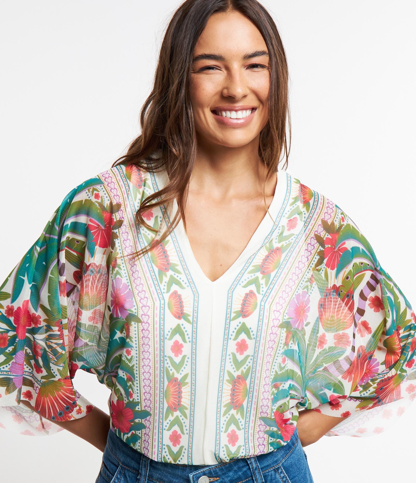 Body Manga Ampla em Tule com Estampa Tropical Étnica Multicores 5