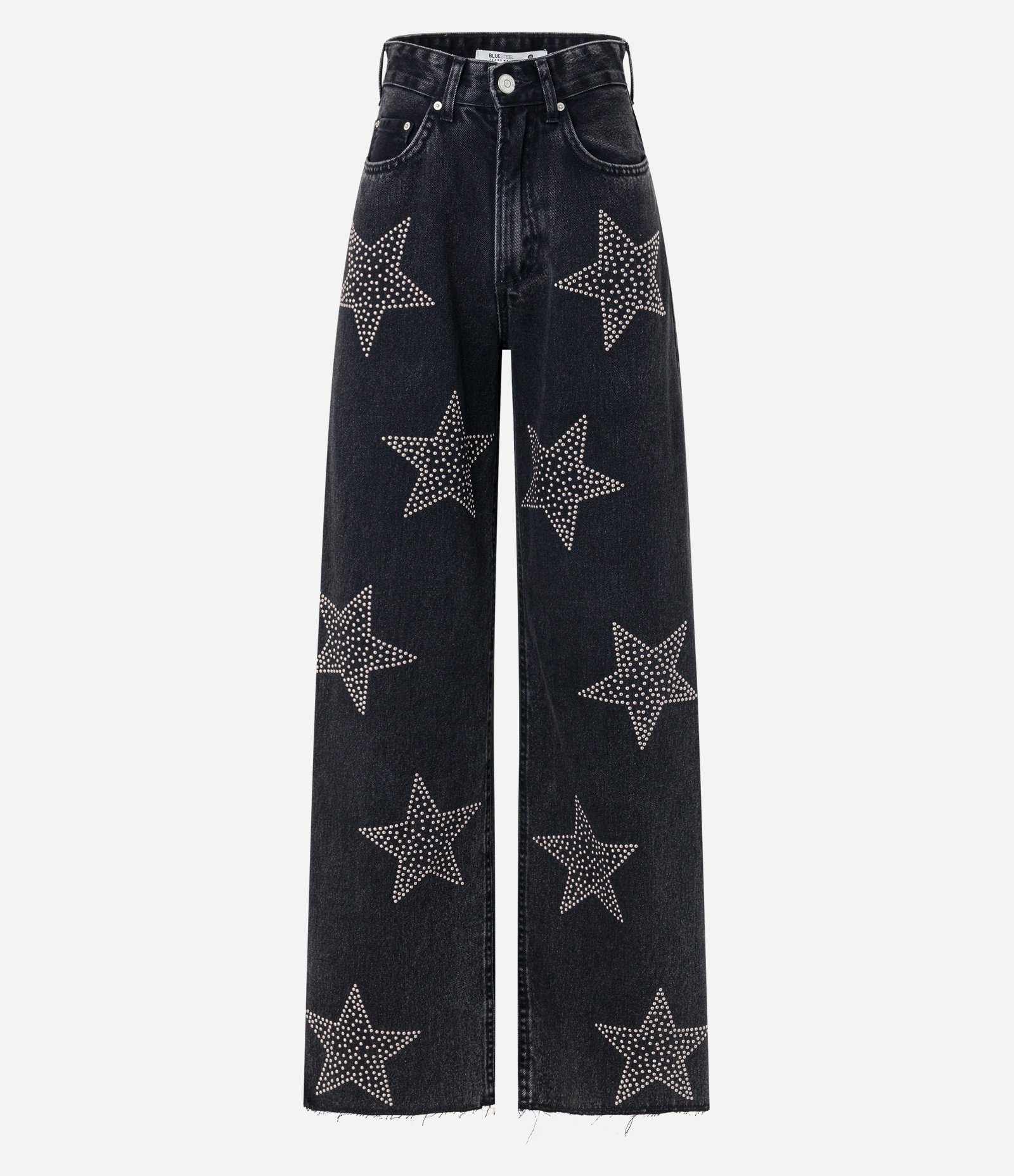Calça Wide Leg em Jeans com Aplicação de Tachinhas Estrelas Preto 6
