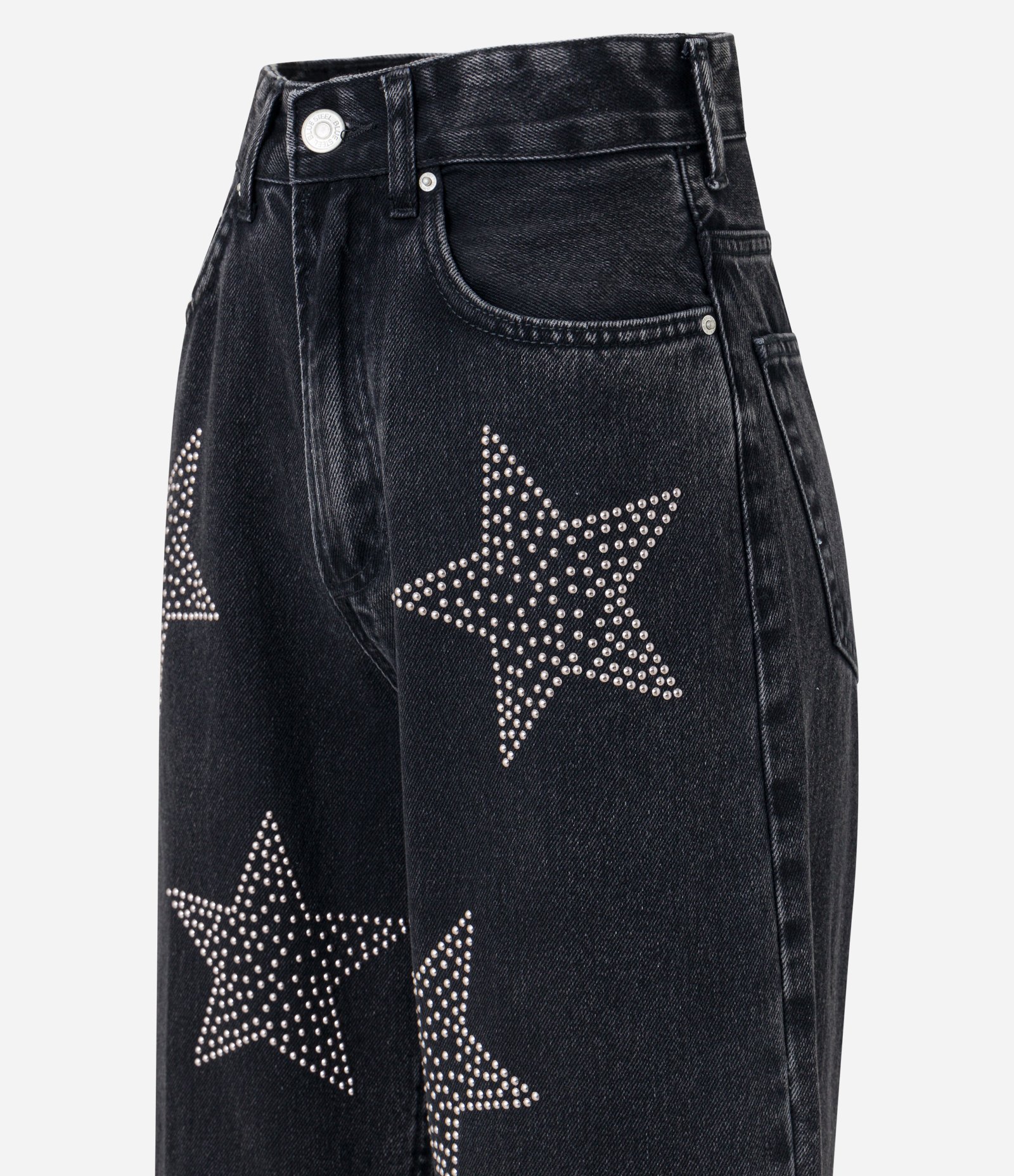 Calça Wide Leg em Jeans com Aplicação de Tachinhas Estrelas Preto 7