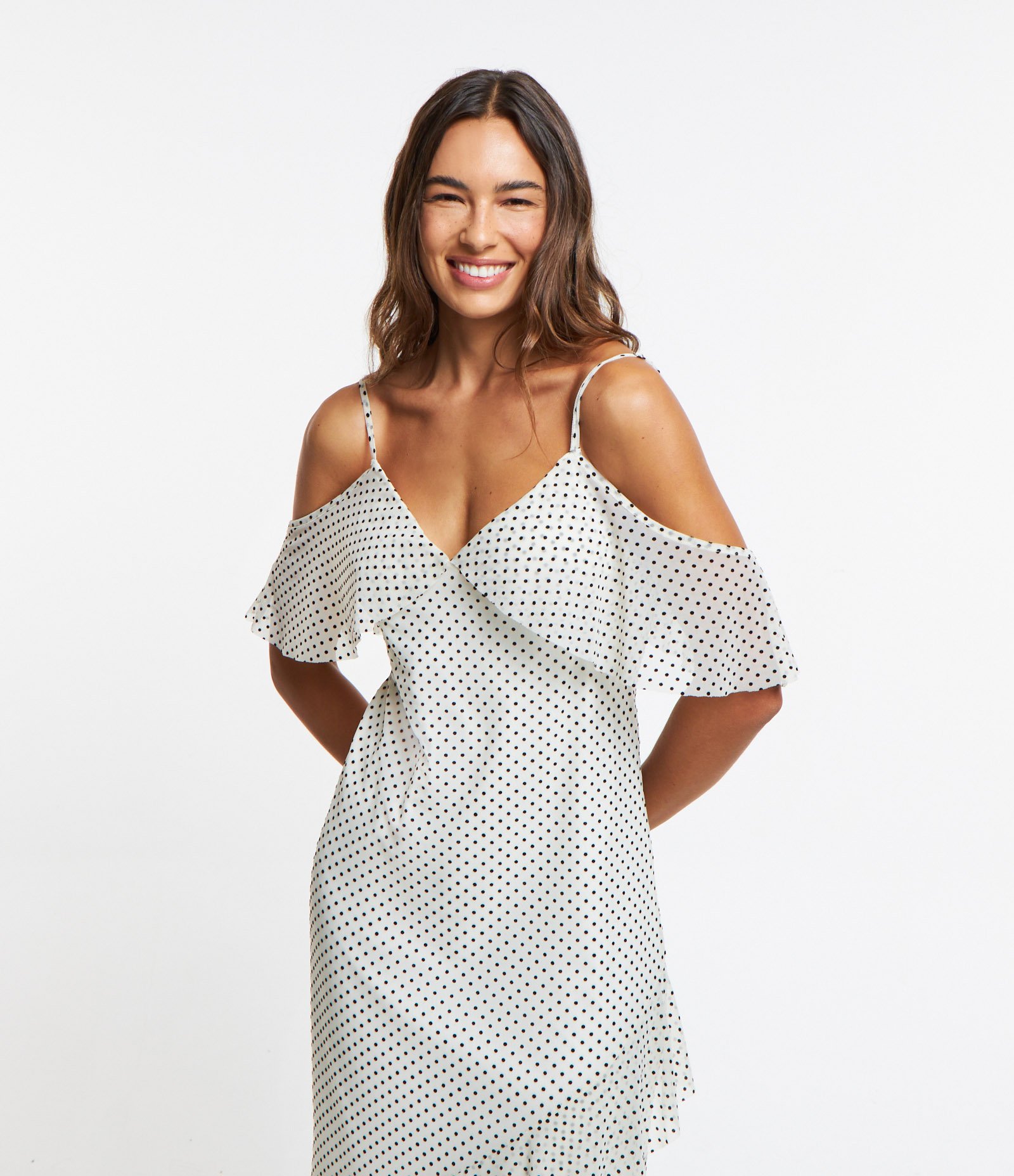 Vestido Midi em Tule com Babados Assimétricos e Estampa Poá Off White 2