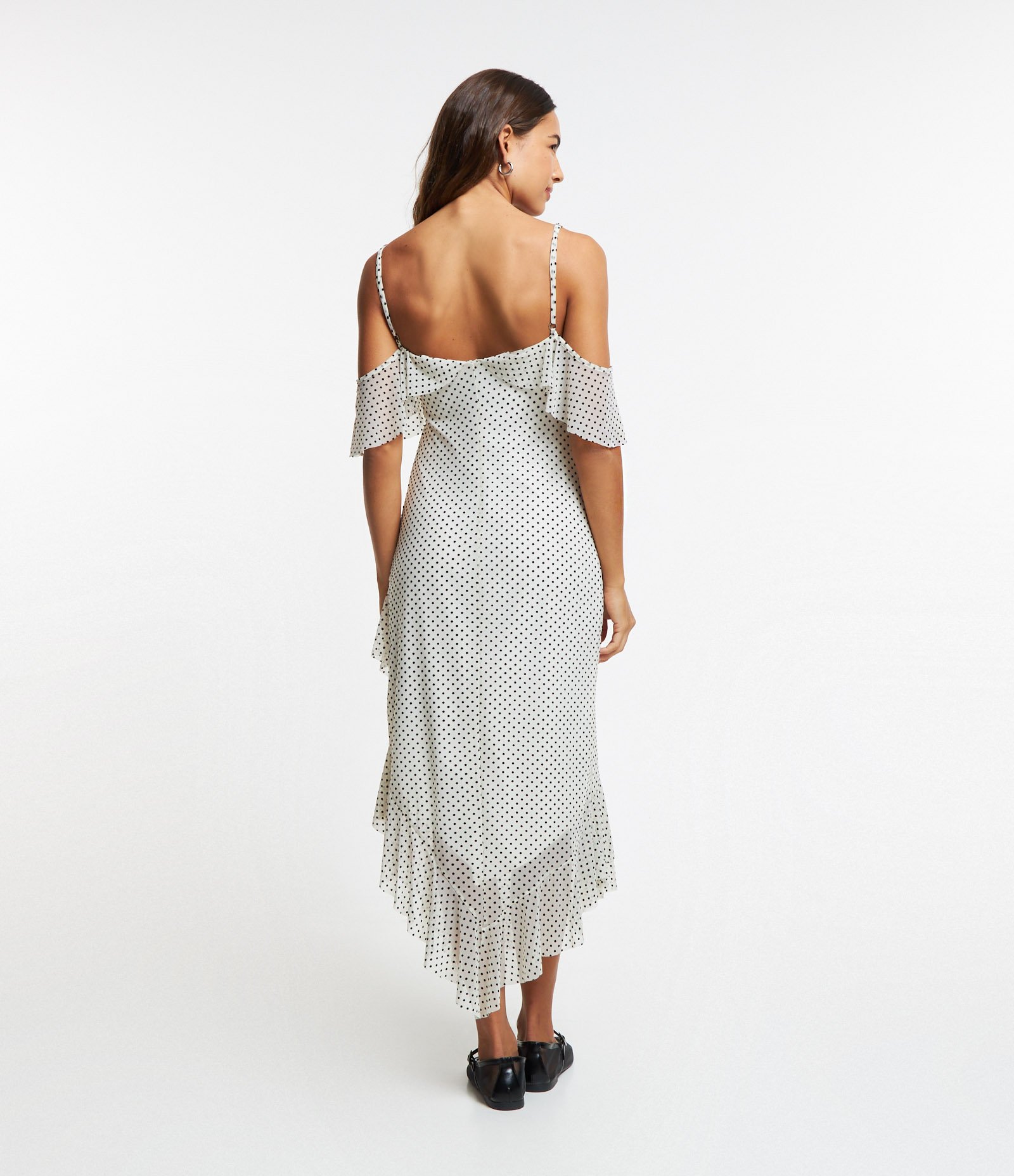 Vestido Midi em Tule com Babados Assimétricos e Estampa Poá Off White 3