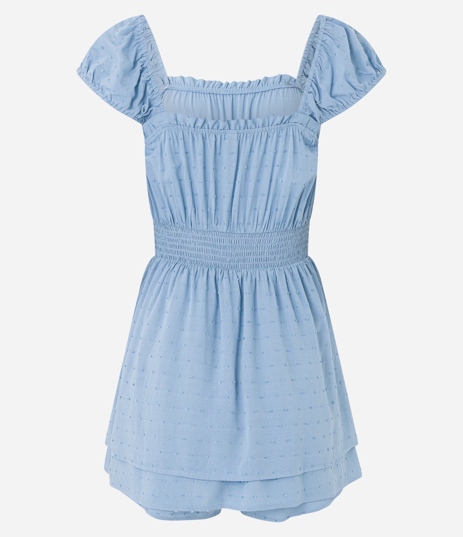 Macaquinho Texturizado em Viscose com Lastex e Babados Azul Claro 6