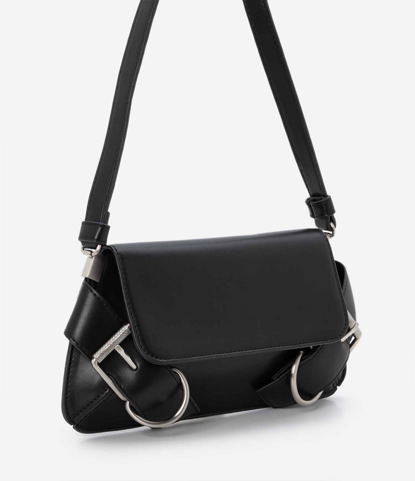 Bolsa Baguete Pequena com Detalhes de Fivelas Preto 2