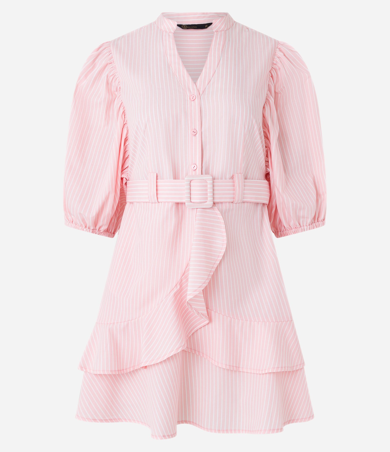 Vestido em Tricoline com Manga Bufante e Babados Rosa 5