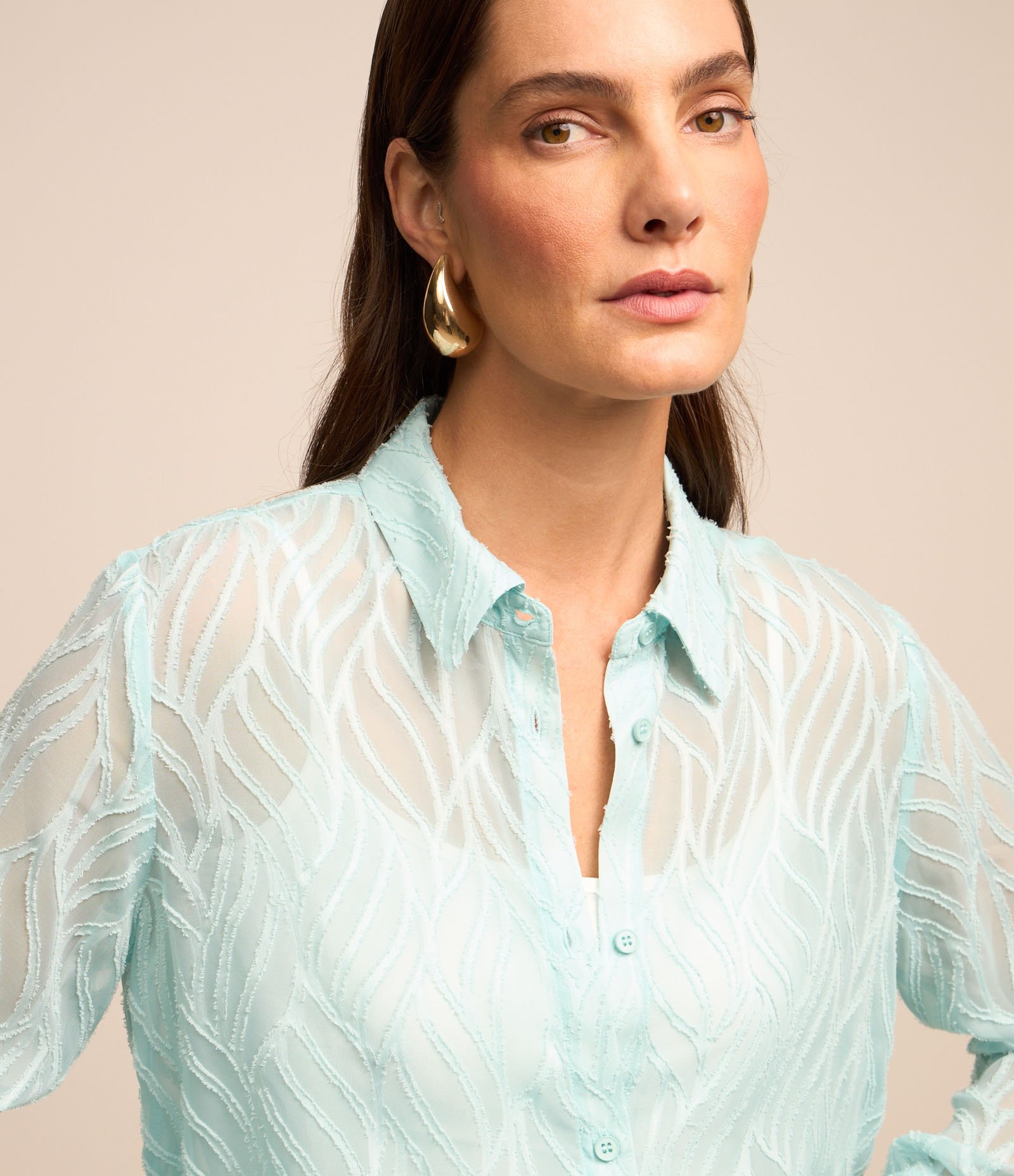 Camisa com Textura Jacquard e Leve Transparência Azul 1