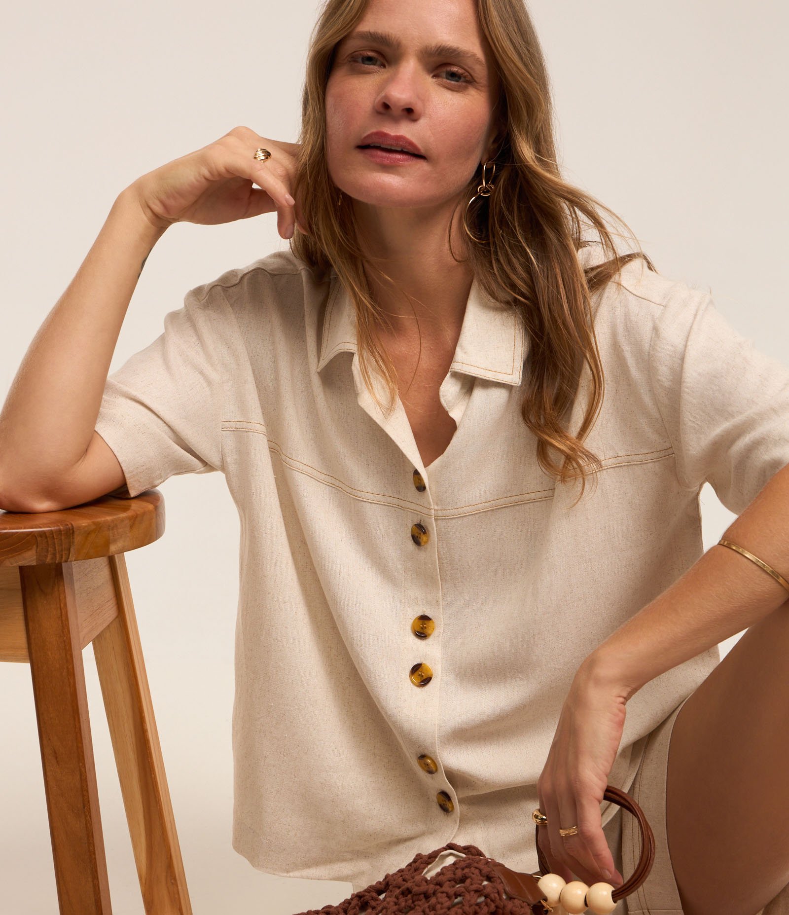 Camisa em Viscolinho com Detalhes Pespontados 1