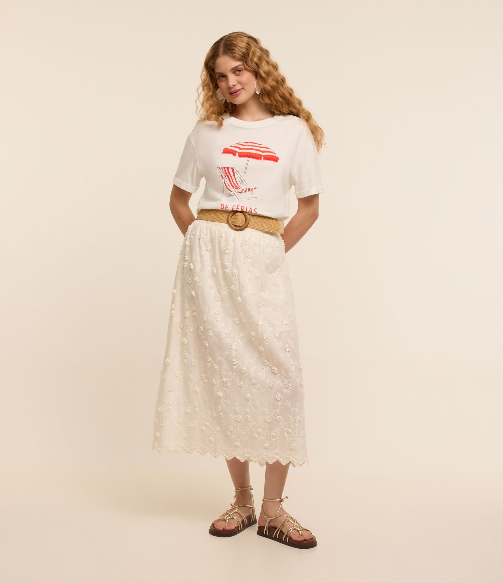 Saia Midi em Tricoline com Florezinhas 3D Branco Neve 1