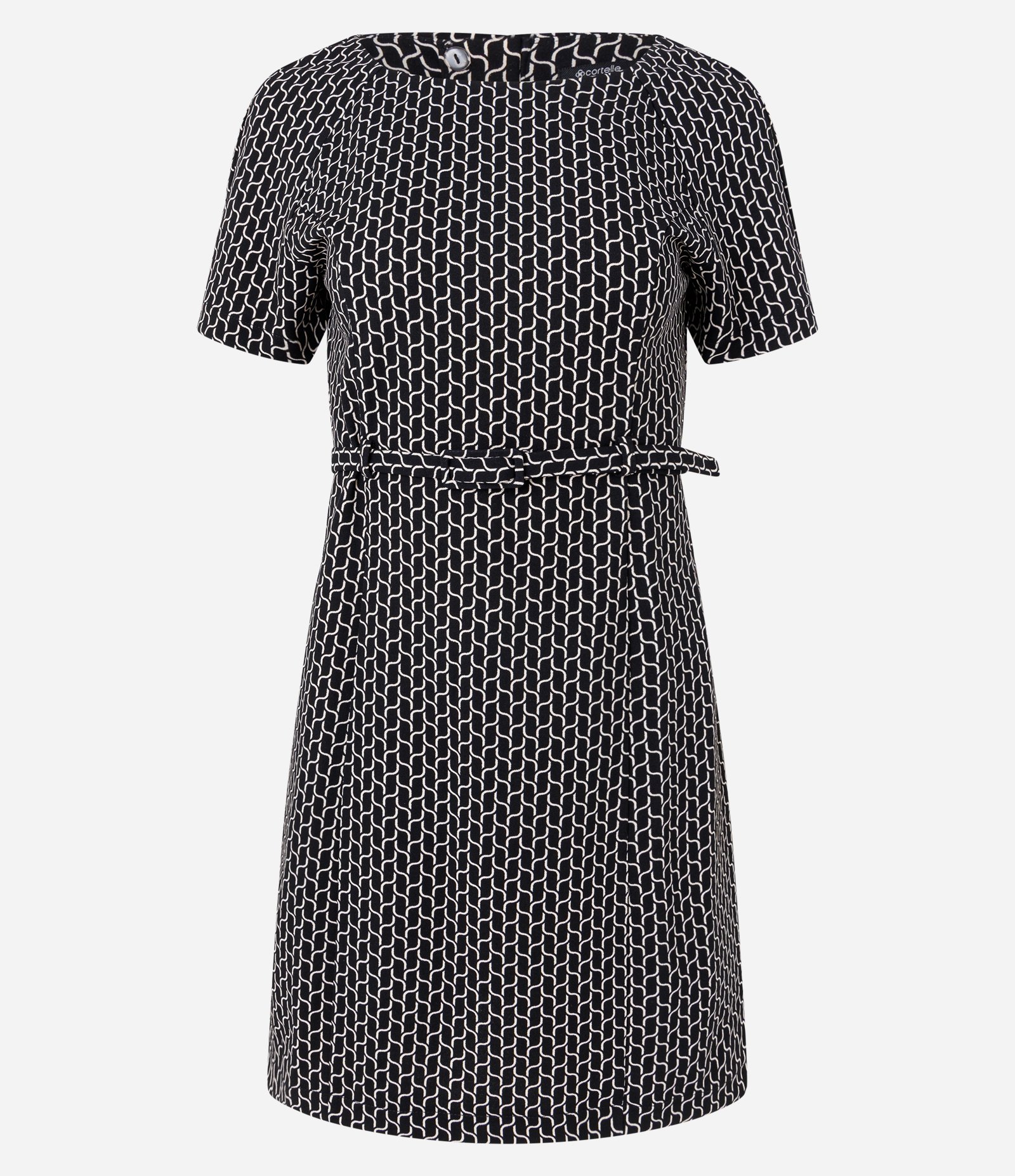 Vestido Curto em Crepe com Cinto e Estampa Geométrica Preto 6