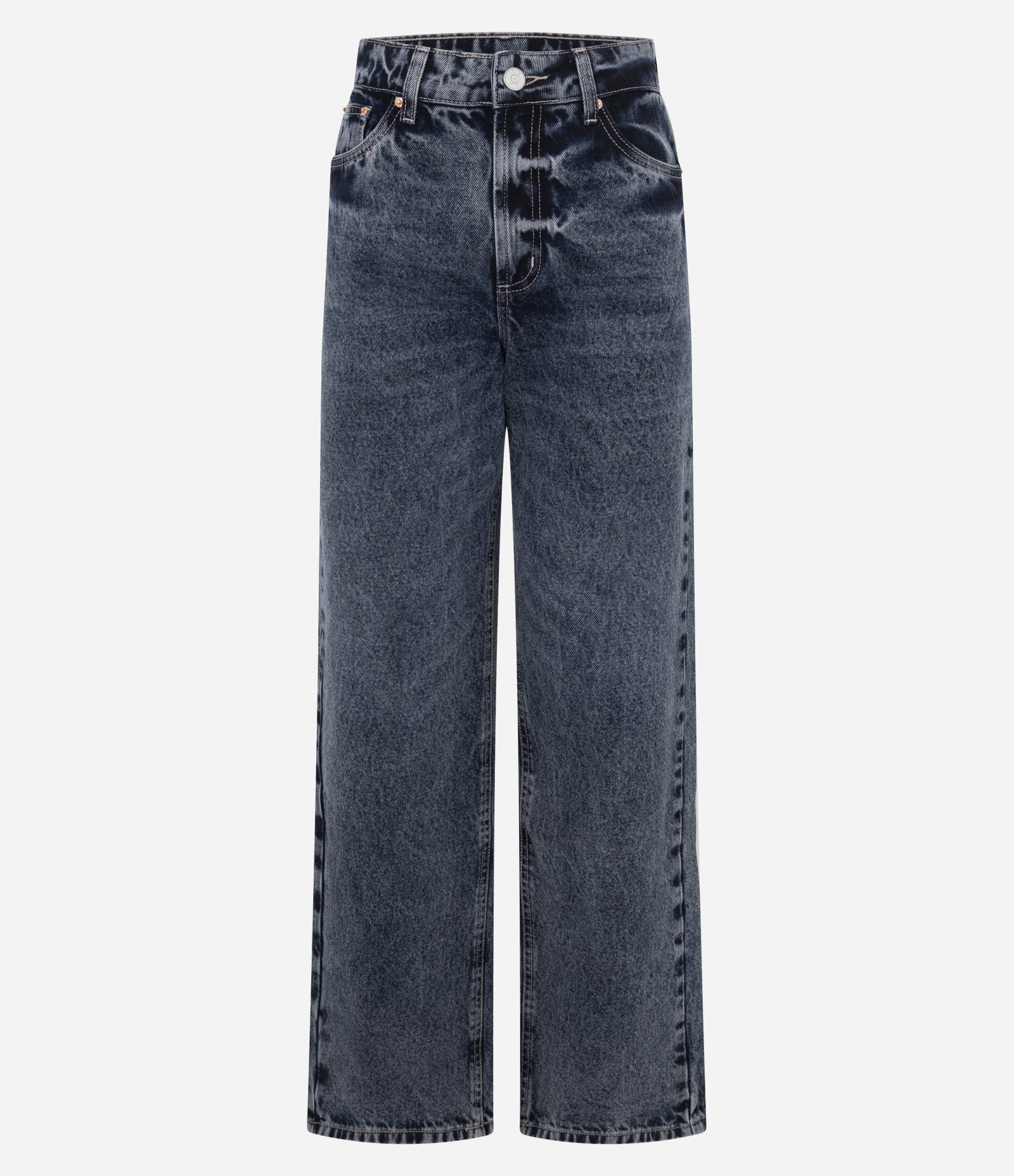 Calça Reta em Jeans com Bolsos e Botões Azul Marmorizado 5