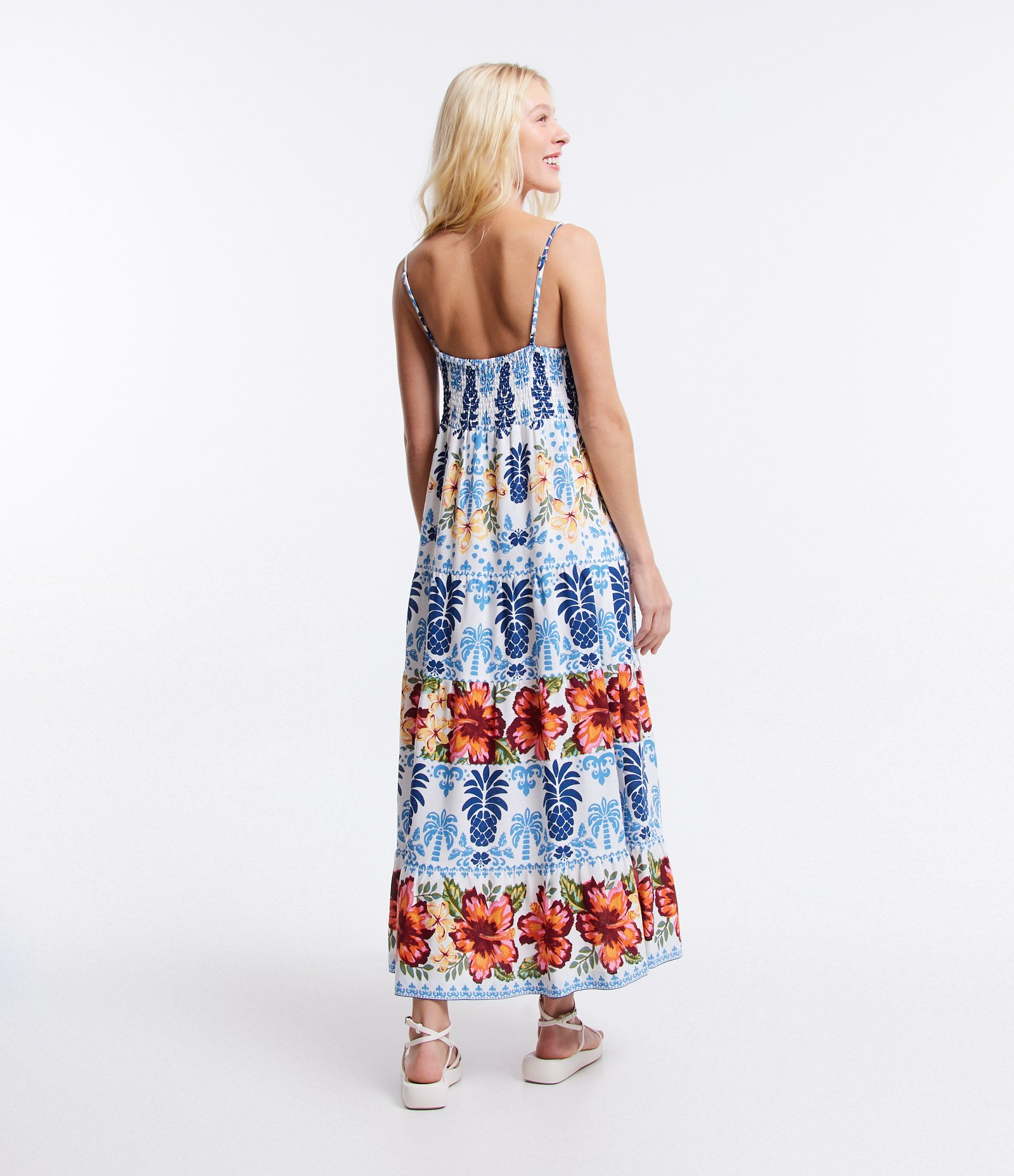 Vestido New Midi Em Viscose Linho E Estampa Floral Branco Azul