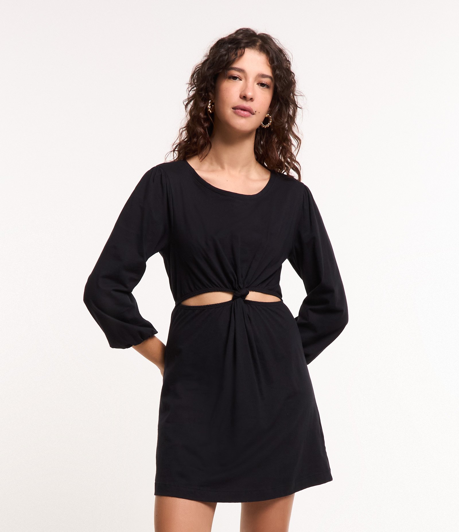 Vestido Curto em Algodão com Nó Central e Recorte Vazado Preto 1