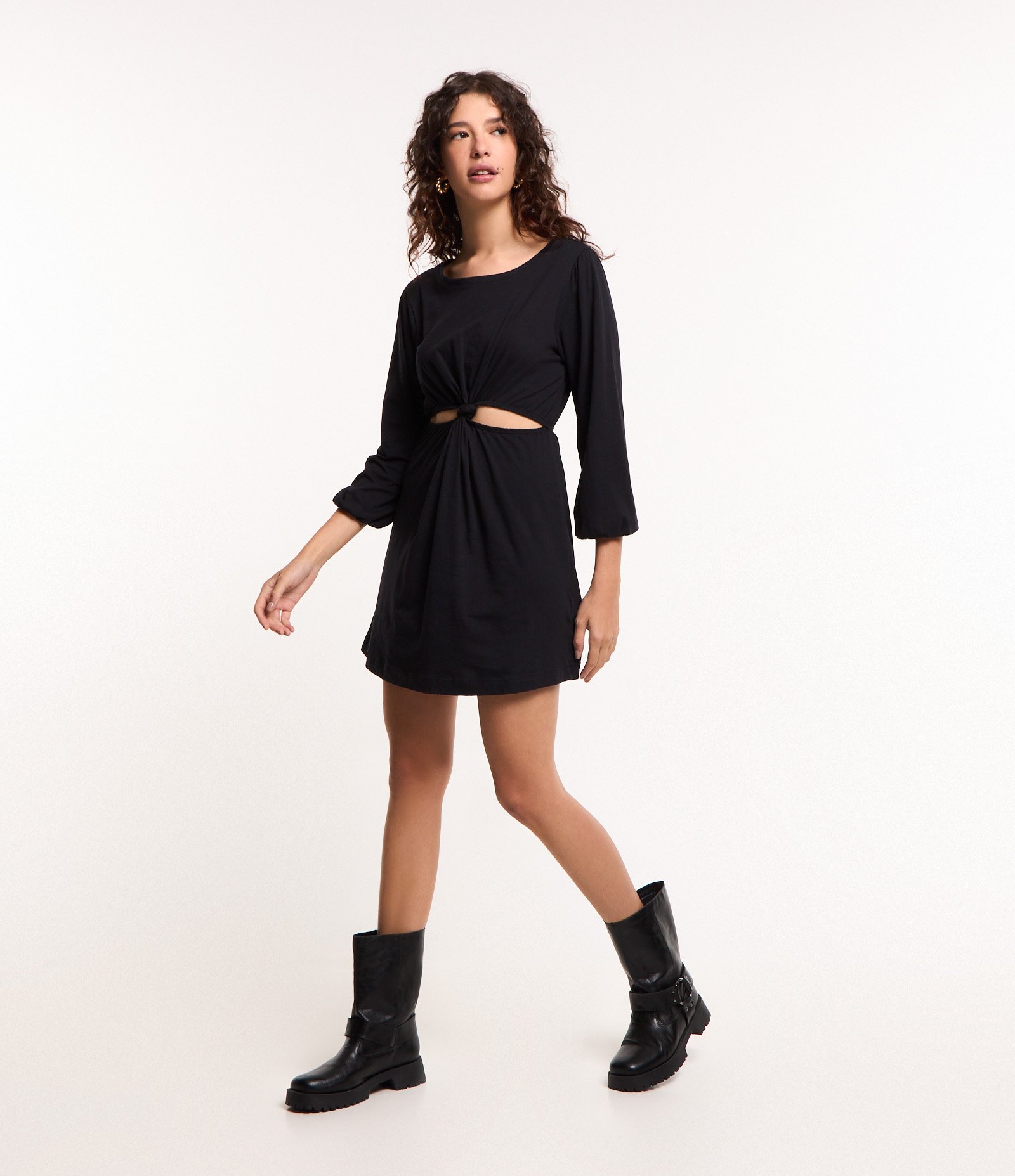 Vestido Curto em Algodão com Nó Central e Recorte Vazado Preto 2