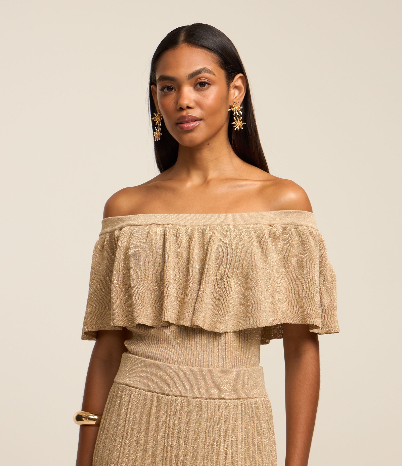 Blusa Tomara Que Caia em Viscose com Fio Metalizado Bege 2