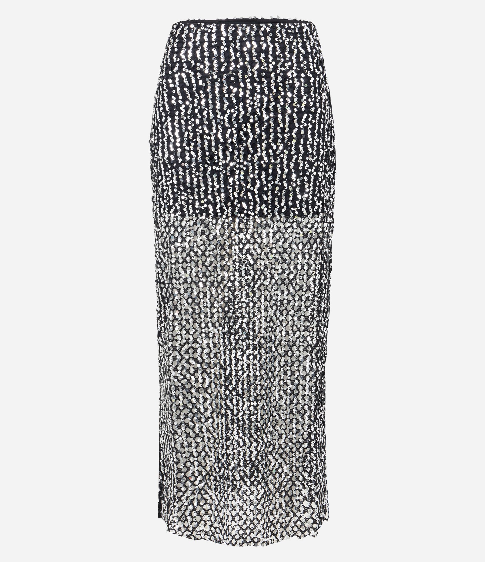 Saia Midi em Paetê Metalizado Efeito Telada e Fenda Lateral Preto 6