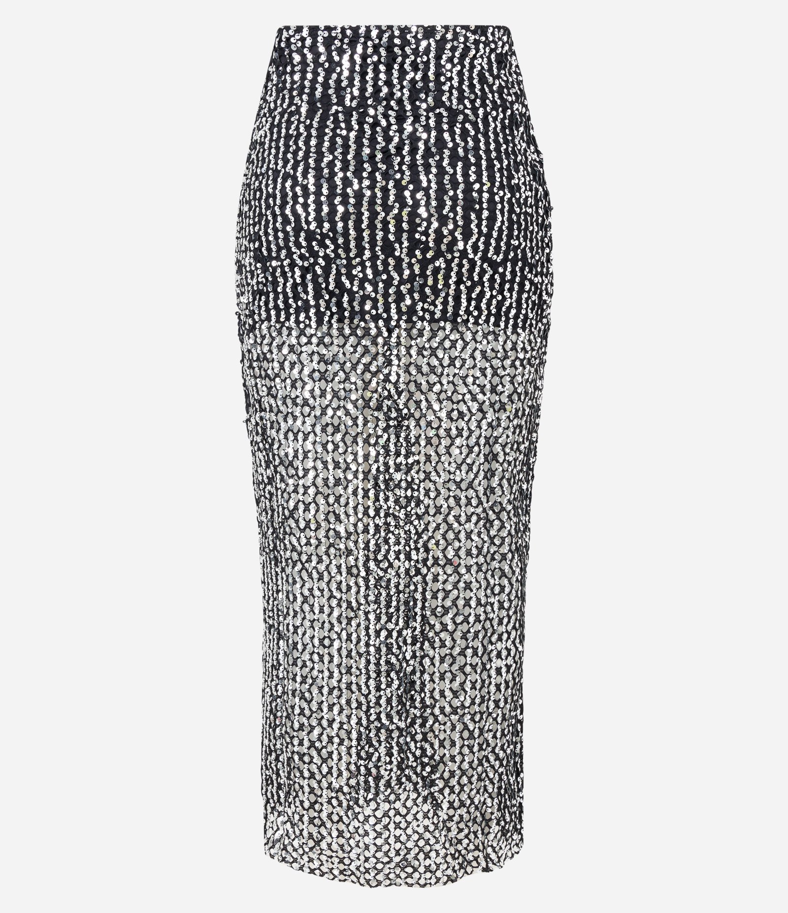 Saia Midi em Paetê Metalizado Efeito Telada e Fenda Lateral Preto 7