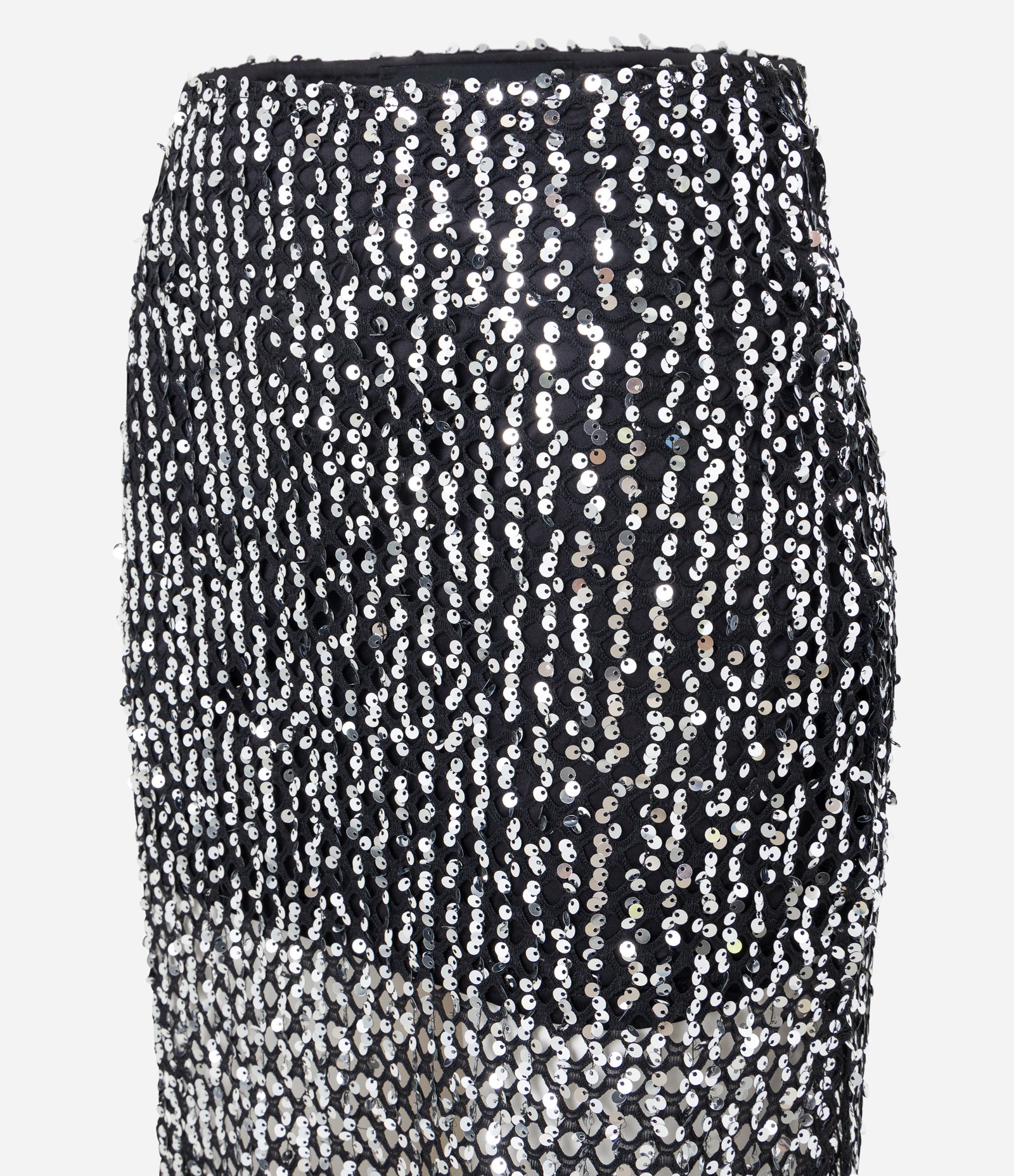 Saia Midi em Paetê Metalizado Efeito Telada e Fenda Lateral Preto 8