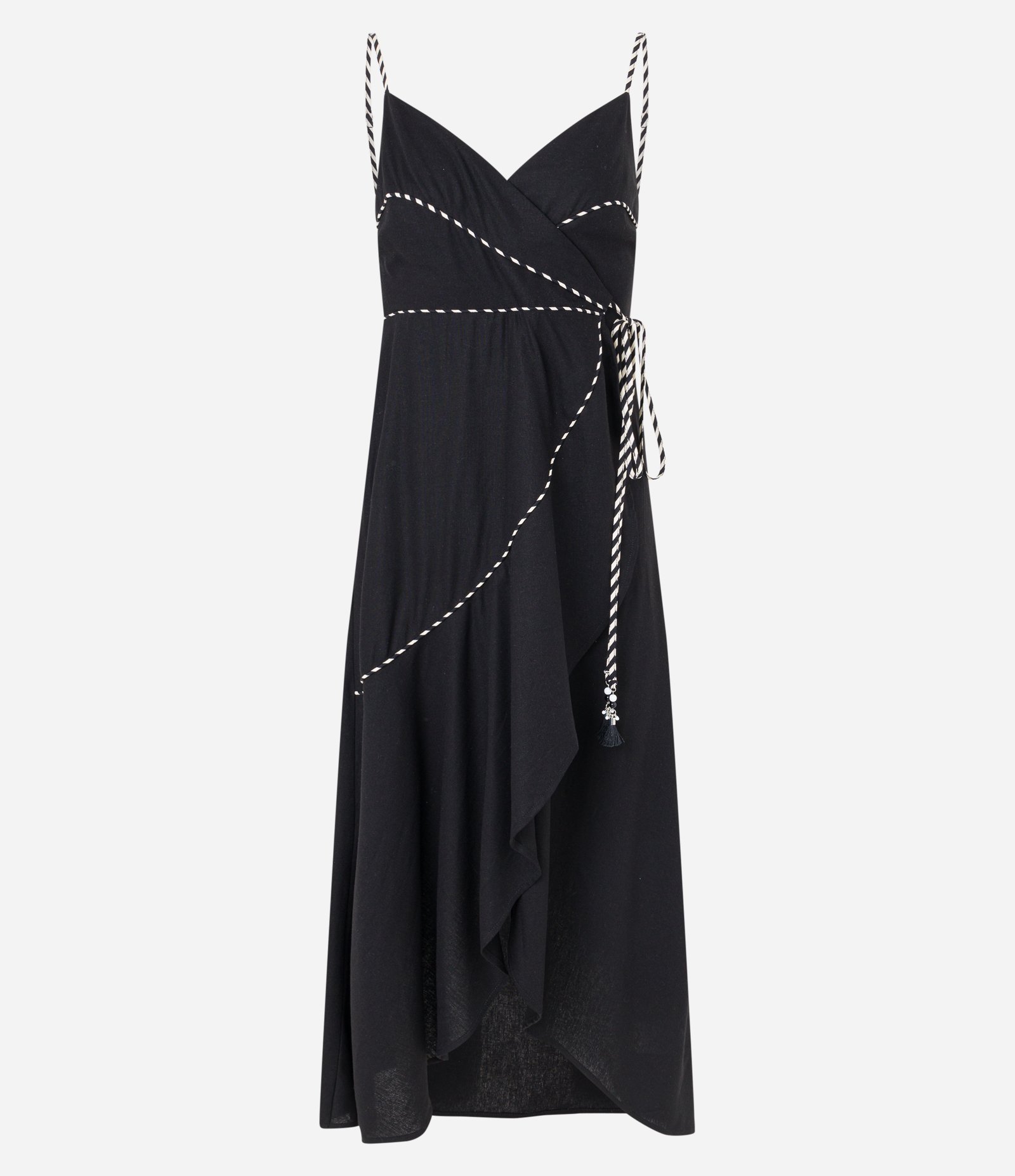 Vestido New Midi em Viscose e Linho Transpassado com Amarração Lateral Preto 6