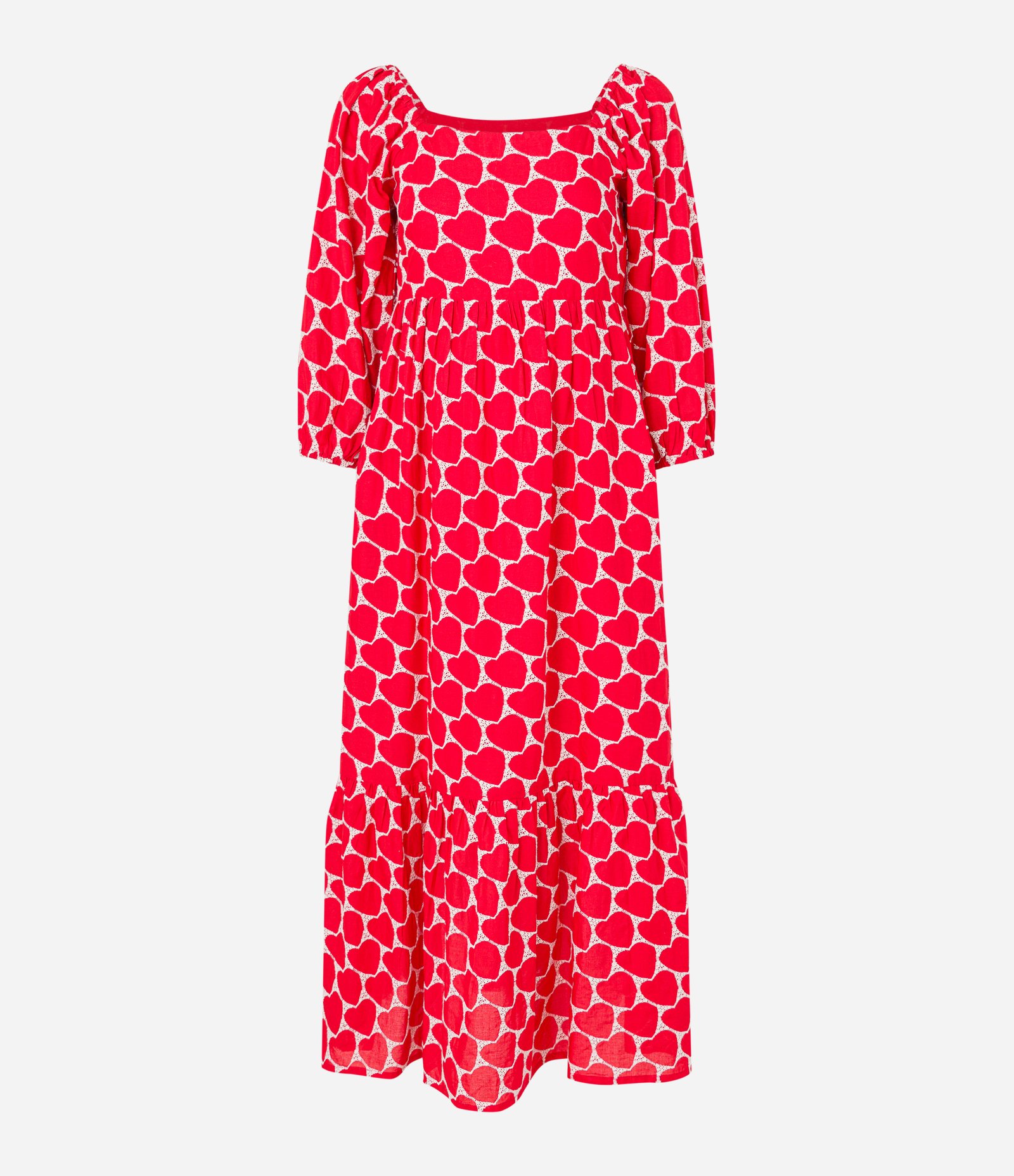 Vestido Midi Evasê em Laise com Bordado de Coração e Manga Bufante Vermelho 5