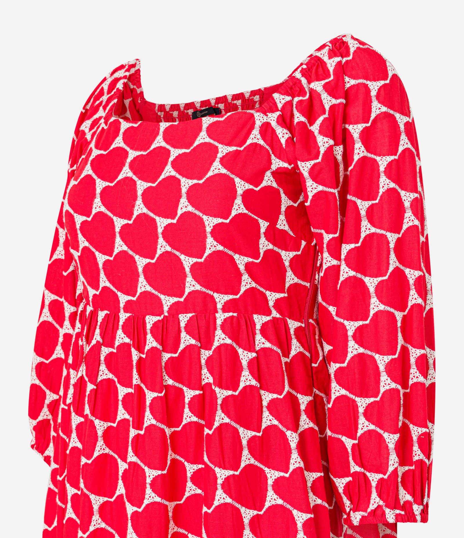 Vestido Midi Evasê em Laise com Bordado de Coração e Manga Bufante Vermelho 6