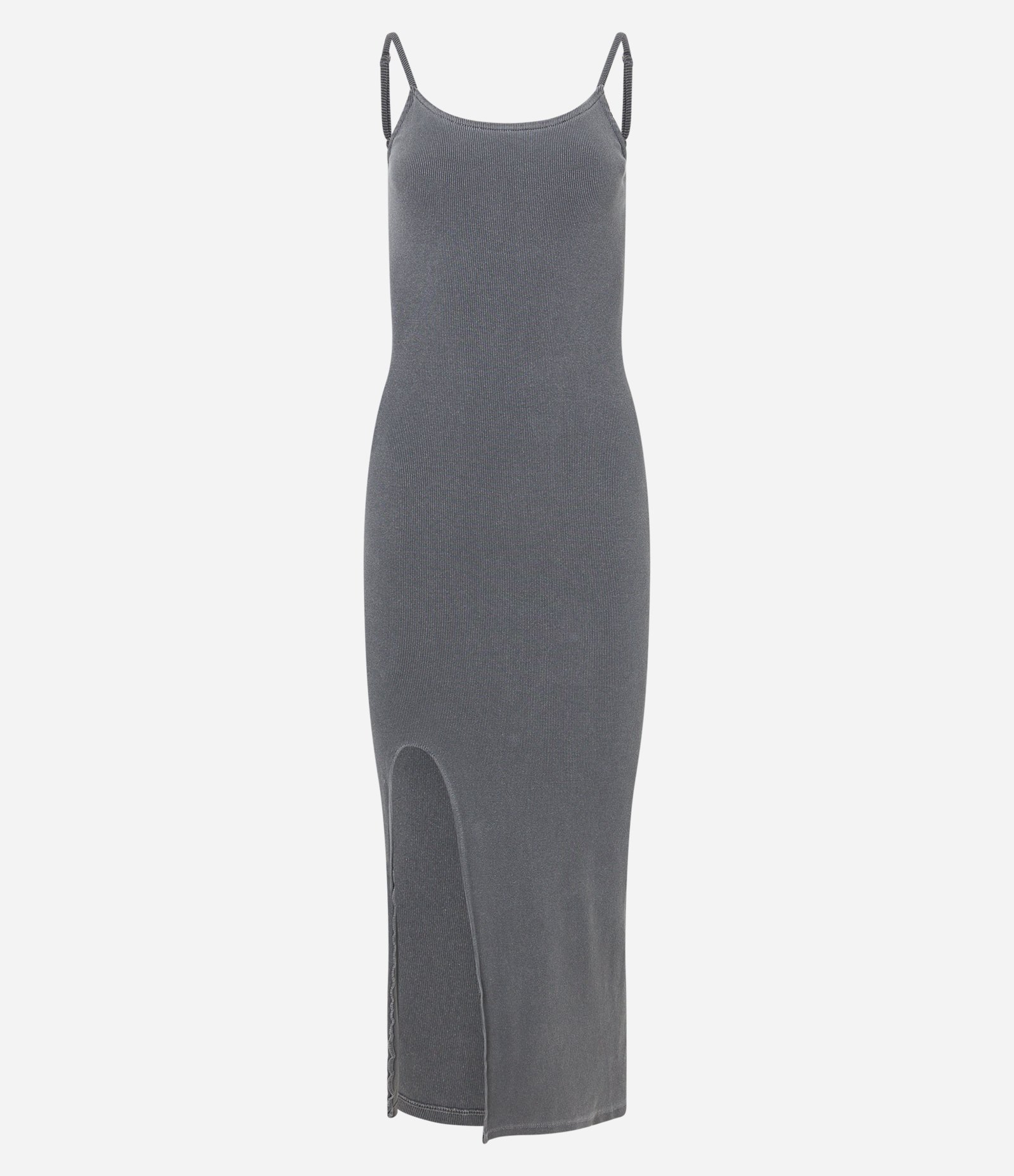Vestido New Midi Estonado em Ribana com Alcinha e Fenda Cinza 6