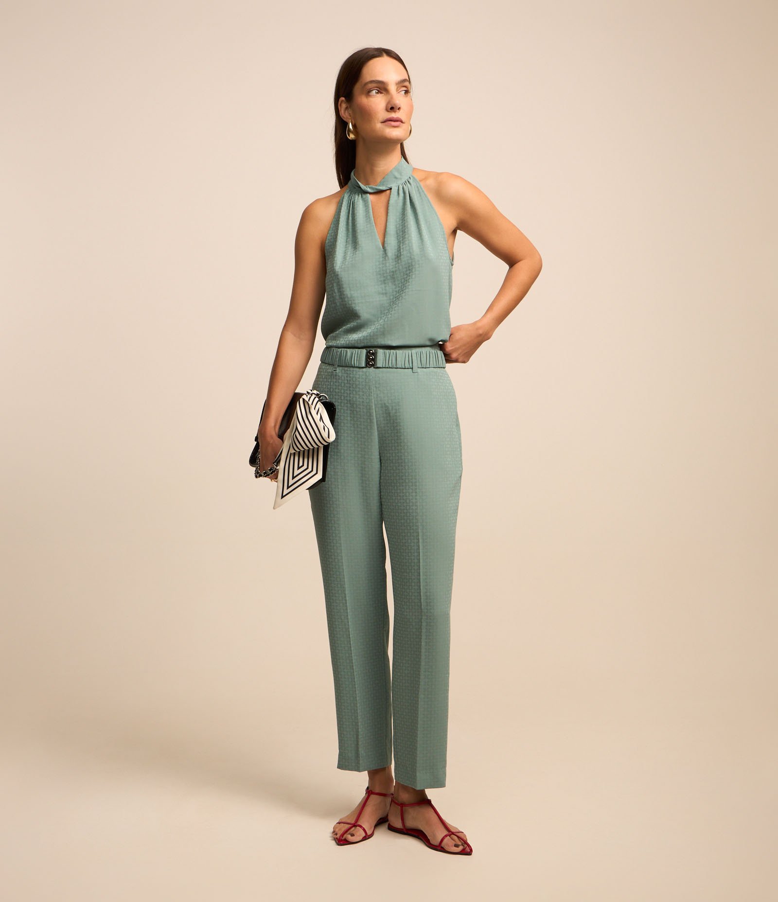 Calça Reta em Jacquard com Cinto Elástico Azul 1