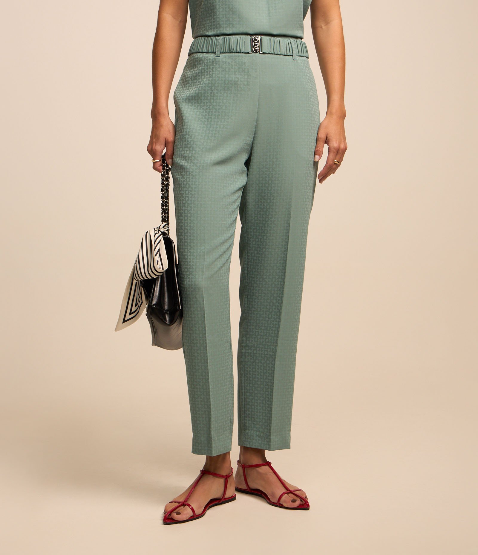 Calça Reta em Jacquard com Cinto Elástico Azul 3