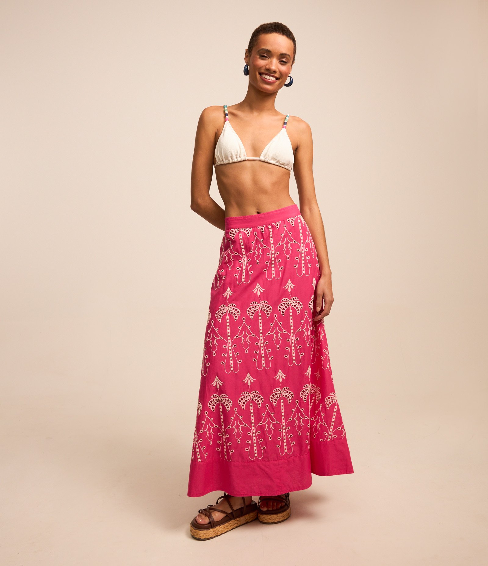 Saia New Midi em Laise com Bordado Tropical Rosa 1